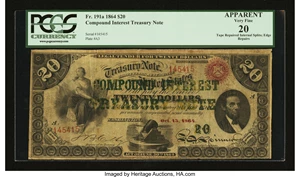 image for: Fr. 191a $20 1864 Compound Interest Treasury Note PCGS Apparent Very Fine 20....
