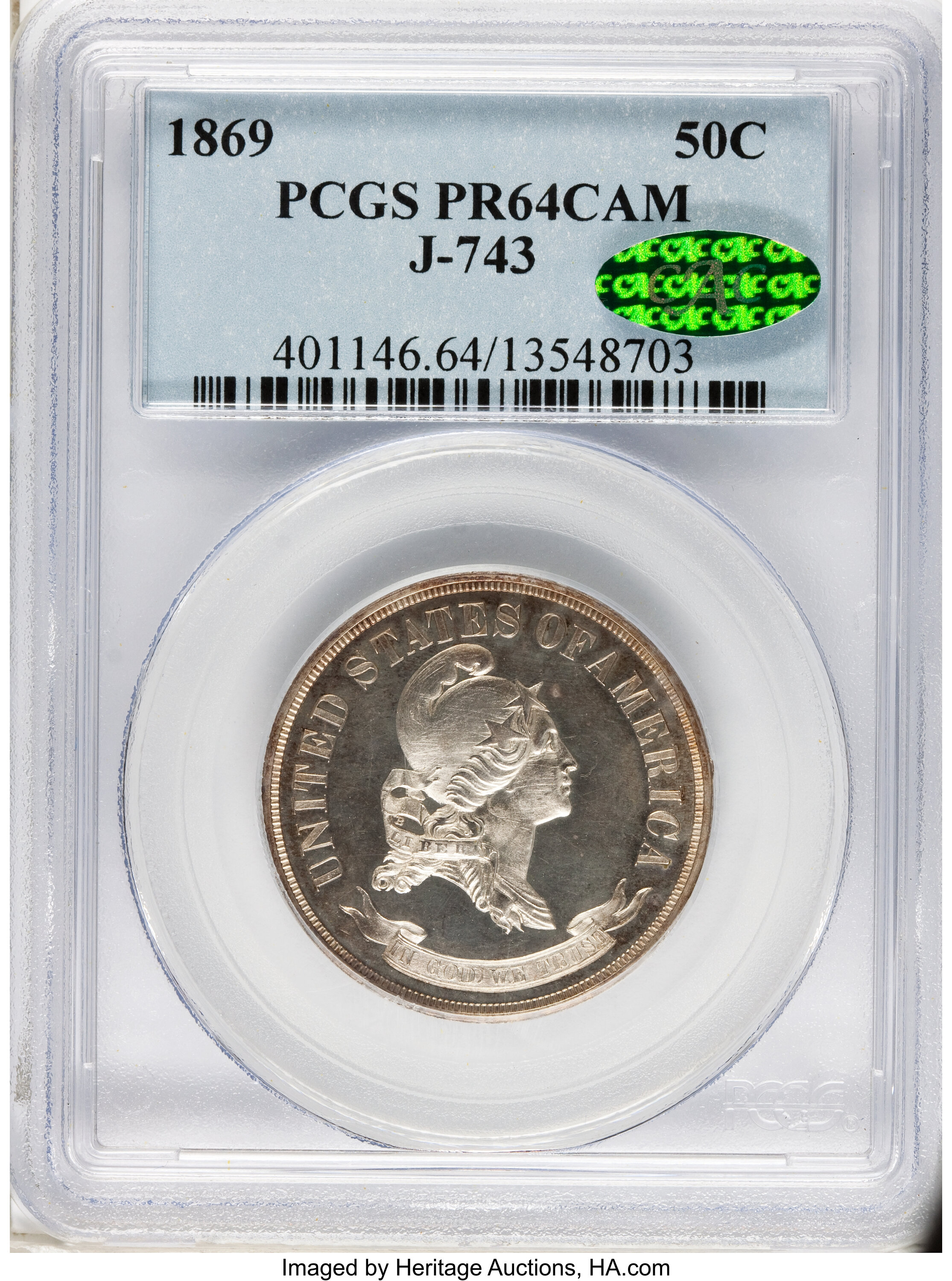 image for: 1869 50C Standard Silver Half Dollar, Judd-743, Pollock-824, High R.6, PR64 Cameo PCGS. CAC....