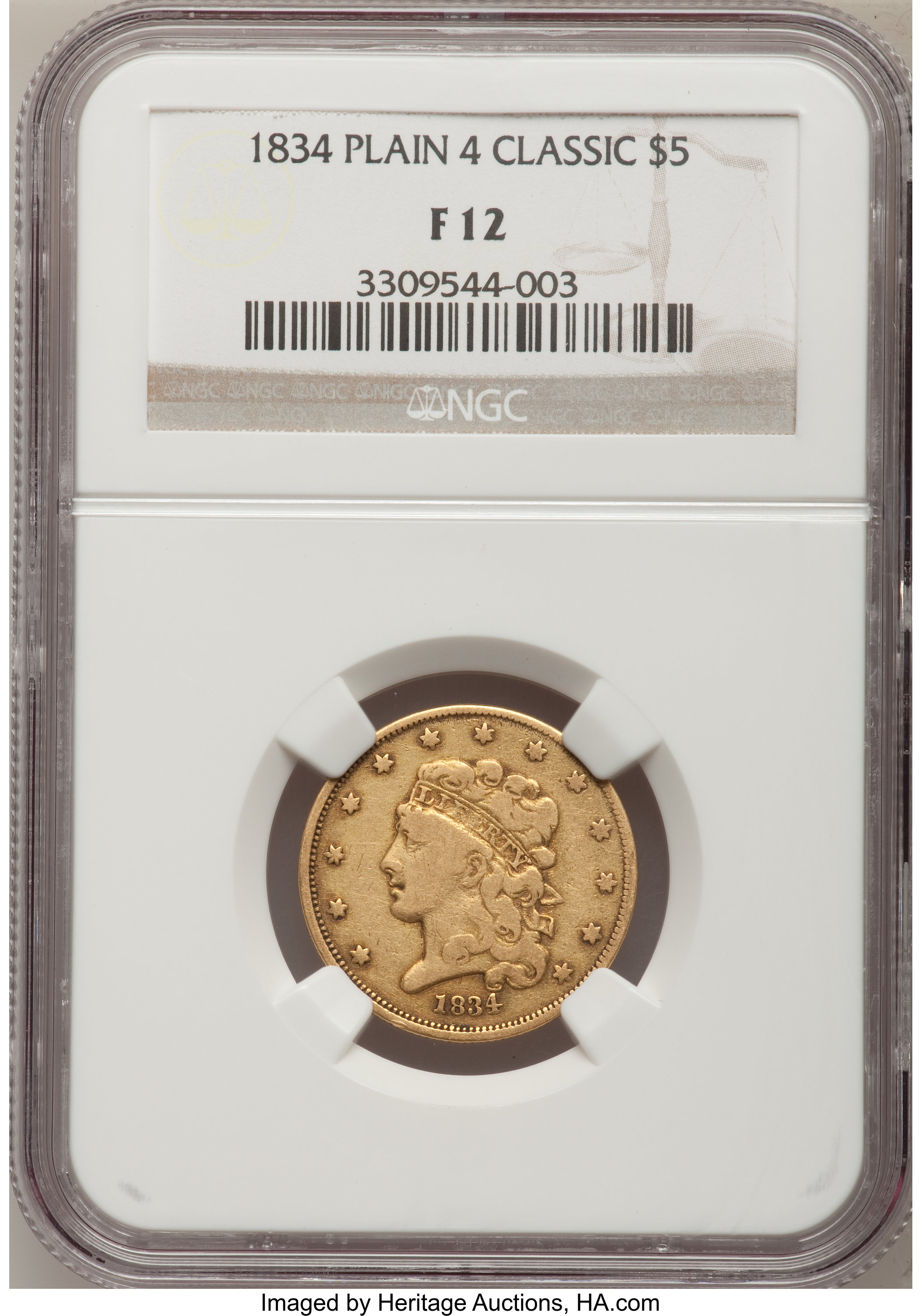 1834 $5 Plain 4 Fine 12 NGC. NGC Census: (3/1753). PCGS Population (2/1064). Mintage: 657,460. Numismedia Wsl. Price for pr...