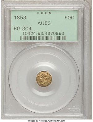 image for: 1853 50C Liberty Octagonal 50 Cents, BG-304, Low R.5, AU53 PCGS. PCGS Population (2/47). NGC Census: (0/8). (#10424)...