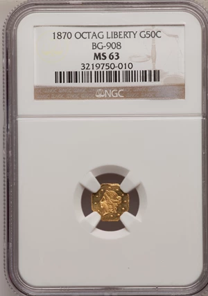 image for: 1870 50C Liberty Octagonal 50 Cents, BG-908, R.5, MS63 NGC. NGC Census: (1/6). PCGS Population (9/27). (#10766)...