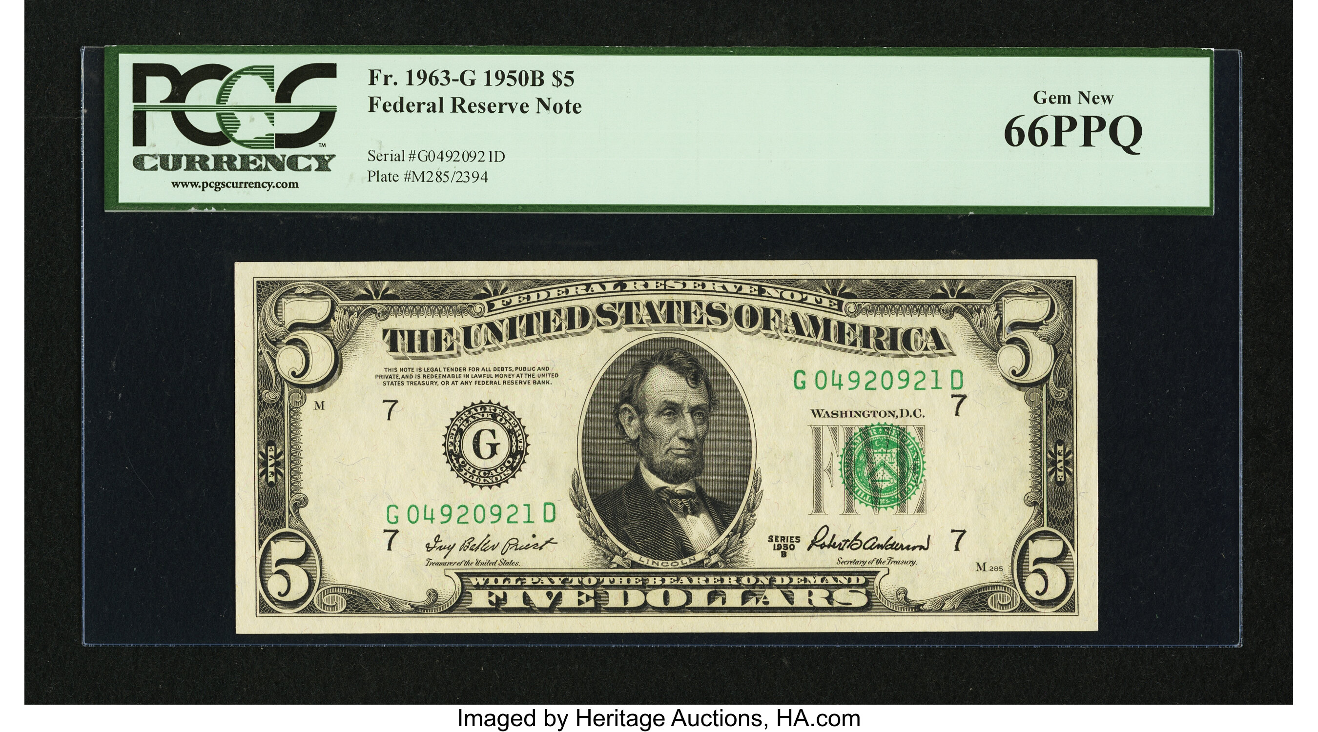 image for: Fr. 1963-G $5 1950B Federal Reserve Note. PCGS Gem New 66PPQ....