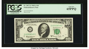 image for: Fr. 2017-G $10 1963A Federal Reserve Note. PCGS Gem New 65PPQ....