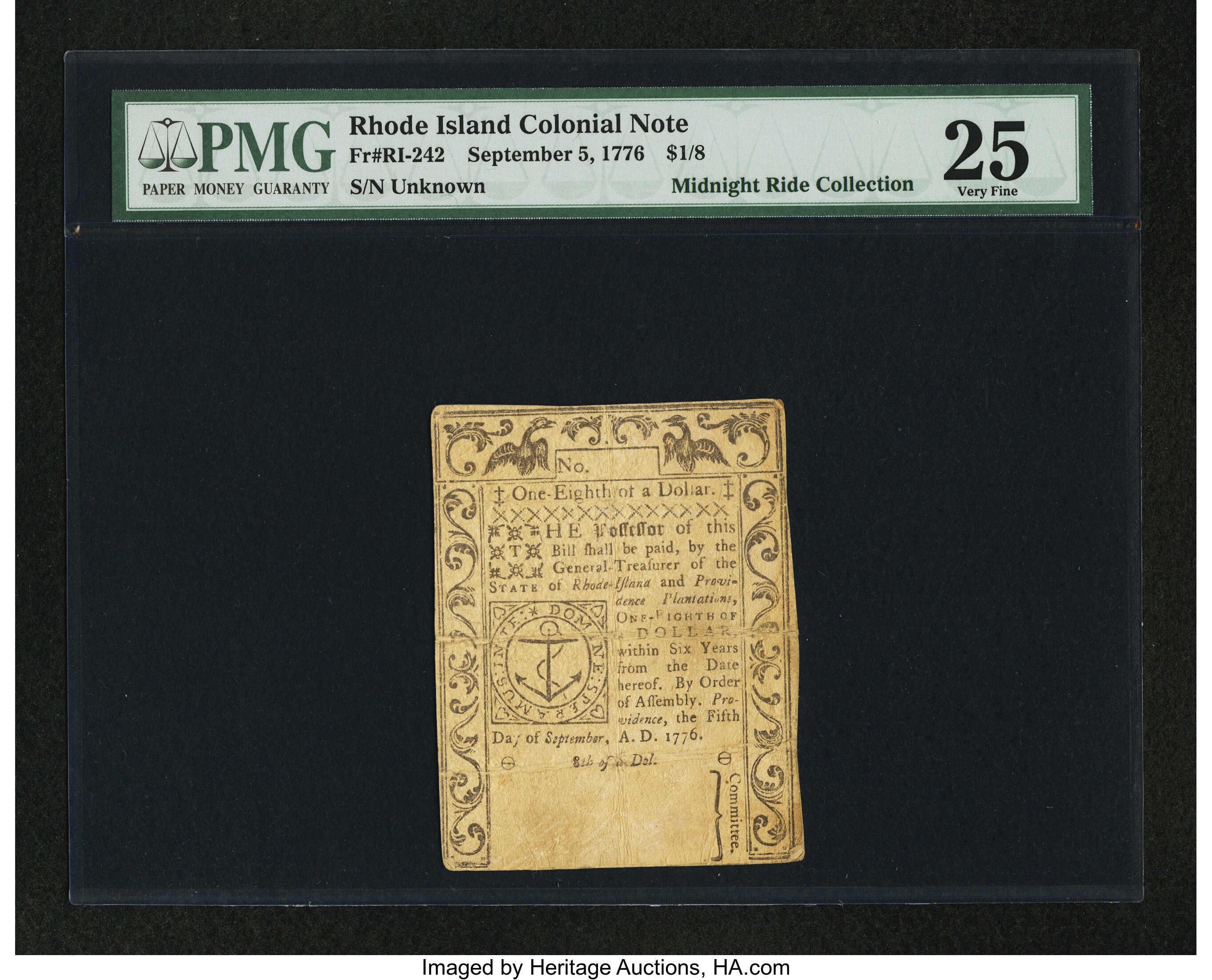 image for: Rhode Island September 5, 1776 $1/8 PMG Very Fine 25....