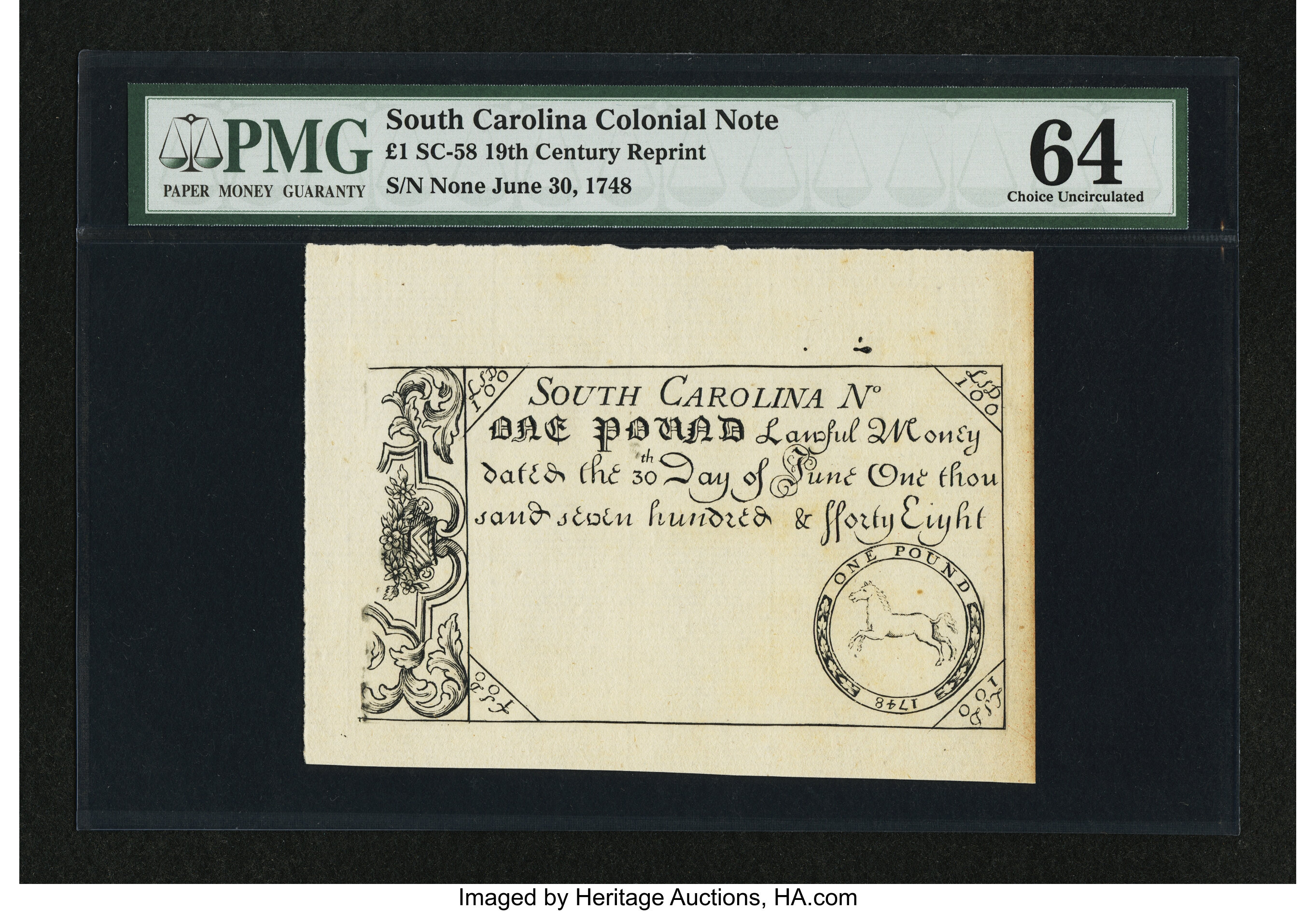 image for: 19th Century Reprint South Carolina June 30, 1748 £1 PMG Choice Uncirculated 64....