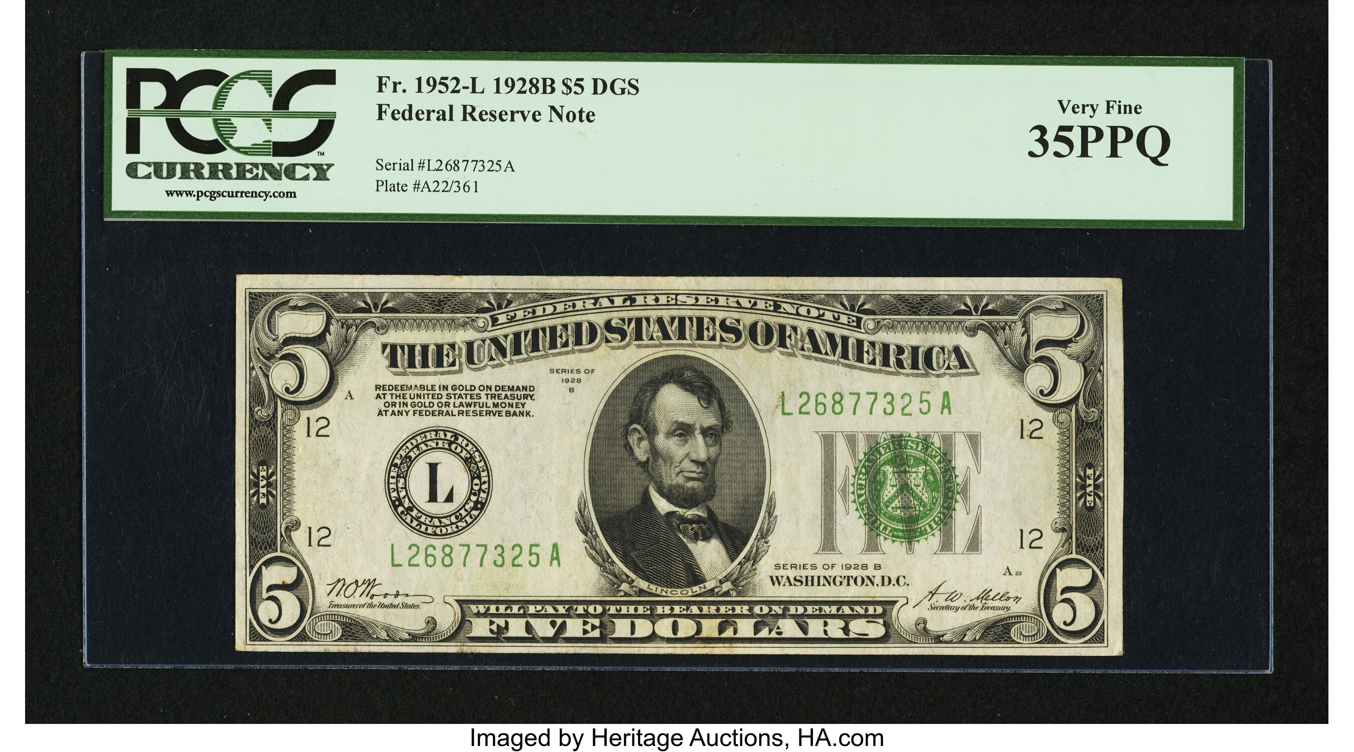 image for: Fr. 1952-L $5 1928B Dark Green Seal Federal Reserve Note. PCGS Very Fine 35PPQ....