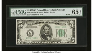 image for: Fr. 1959-G $5 1934C Wide Federal Reserve Note. PMG Gem Uncirculated 65 EPQ....