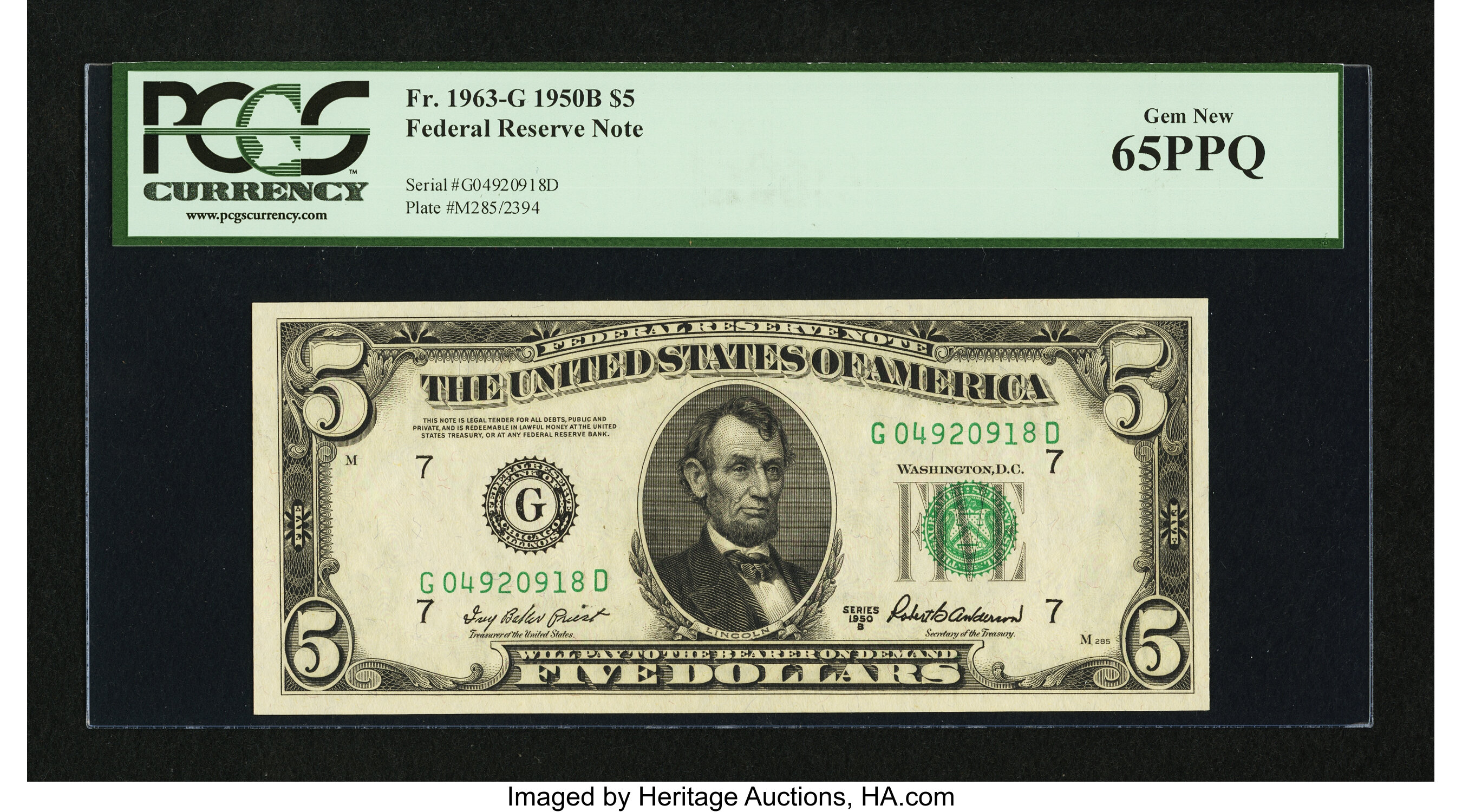 image for: Fr. 1963-G $5 1950B Federal Reserve Note. PCGS Gem New 65PPQ....