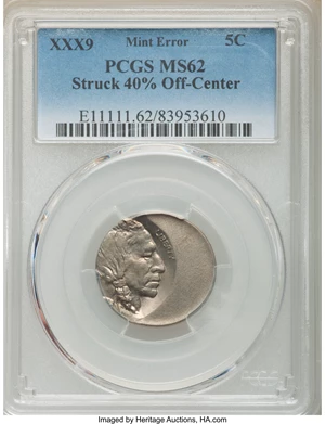 image for: (19X9) 5C Type Two, Buffalo Nickel -- Struck 40% Off Center -- MS62 PCGS....