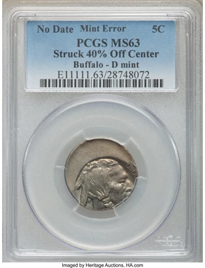 image for: Undated 5C Type Two, Buffalo Nickel -- Struck 40% Off Center -- MS63 PCGS....