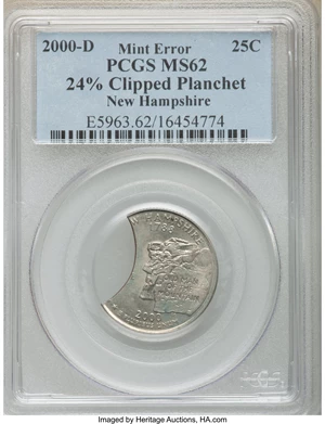 image for: 2000-D 25C New Hampshire Statehood Quarter Dollar -- 24% Clipped Planchet -- MS62 PCGS....