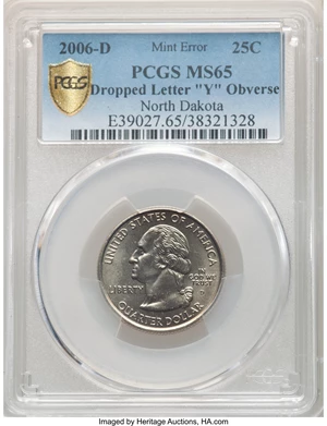 image for: 2006-D 25C North Dakota Statehood Quarter Dollar -- Dropped Letter "Y" Obverse -- MS65 PCGS....