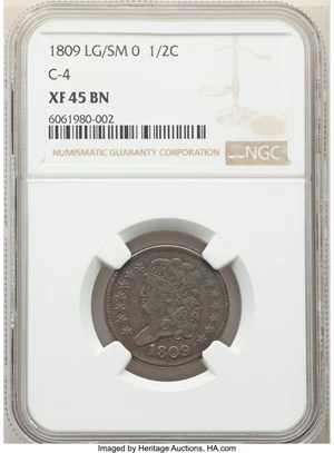 image for: 1809 1/2 C Small o Inside 0, C-4, B-1, R.3, XF45 NGC. NGC Census: (0/0). PCGS Population: (1/10). XF45. ...