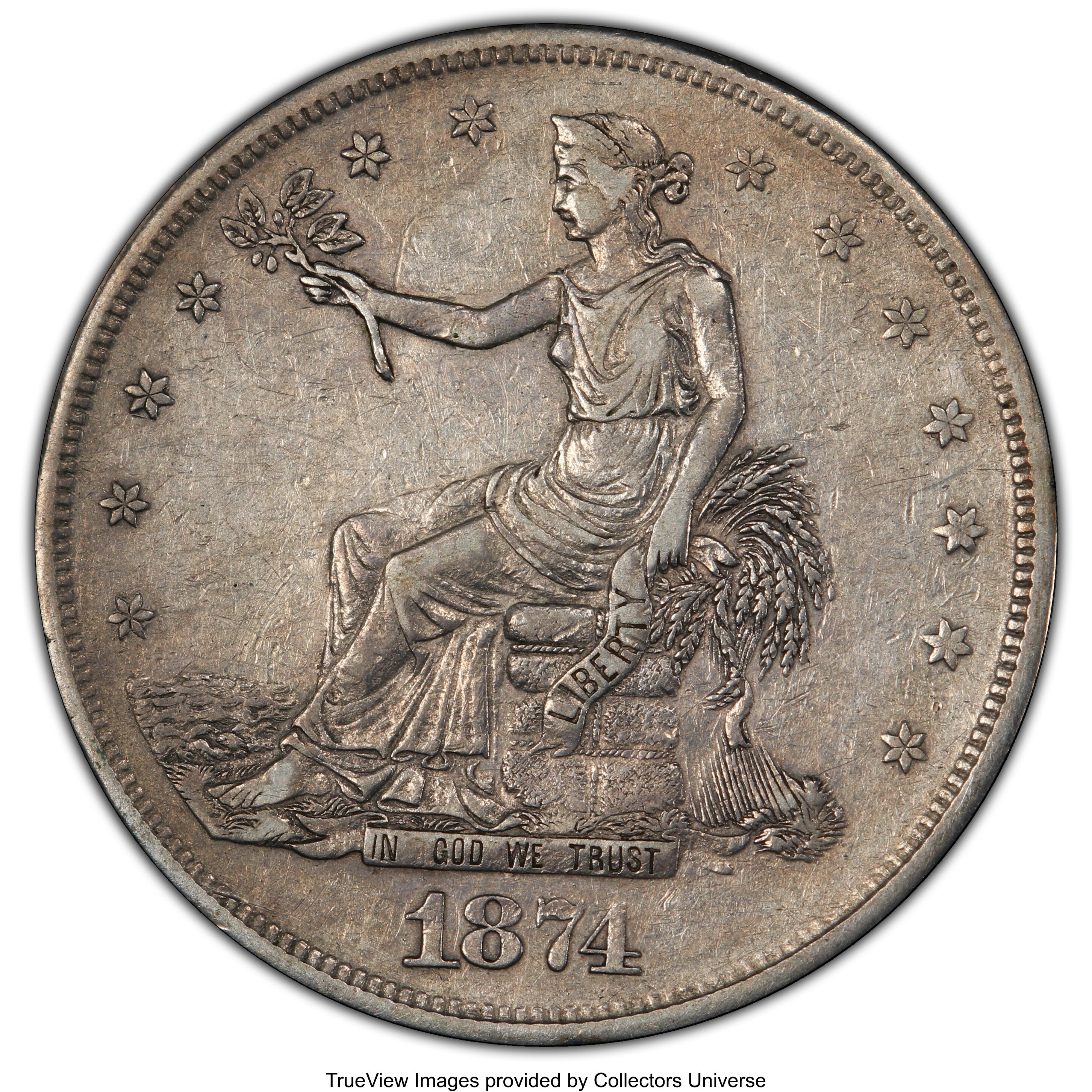 1874-CC T$1 VF35 PCGS. PCGS Population: (12/396 and 0/7+). NGC Census: (1/250 and 0/2+). CDN: $650 Whsle. Bid for NGC/PCGS ...