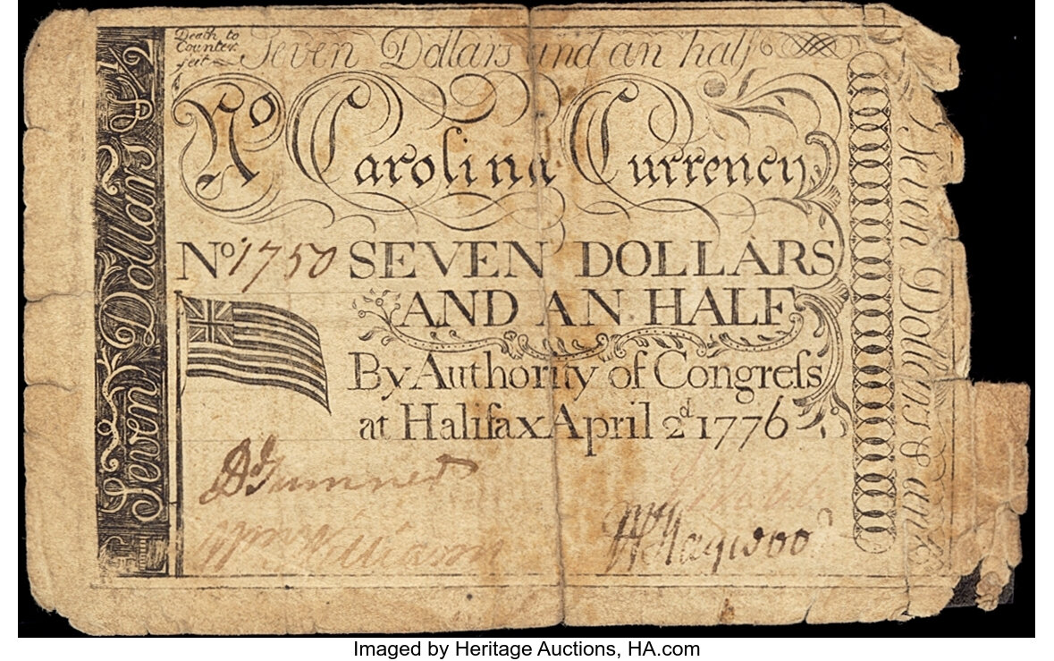 image for: North Carolina April 2, 1776 $7 1/2 U.S. Flag with thirteen stripes and Union Jack Fine....