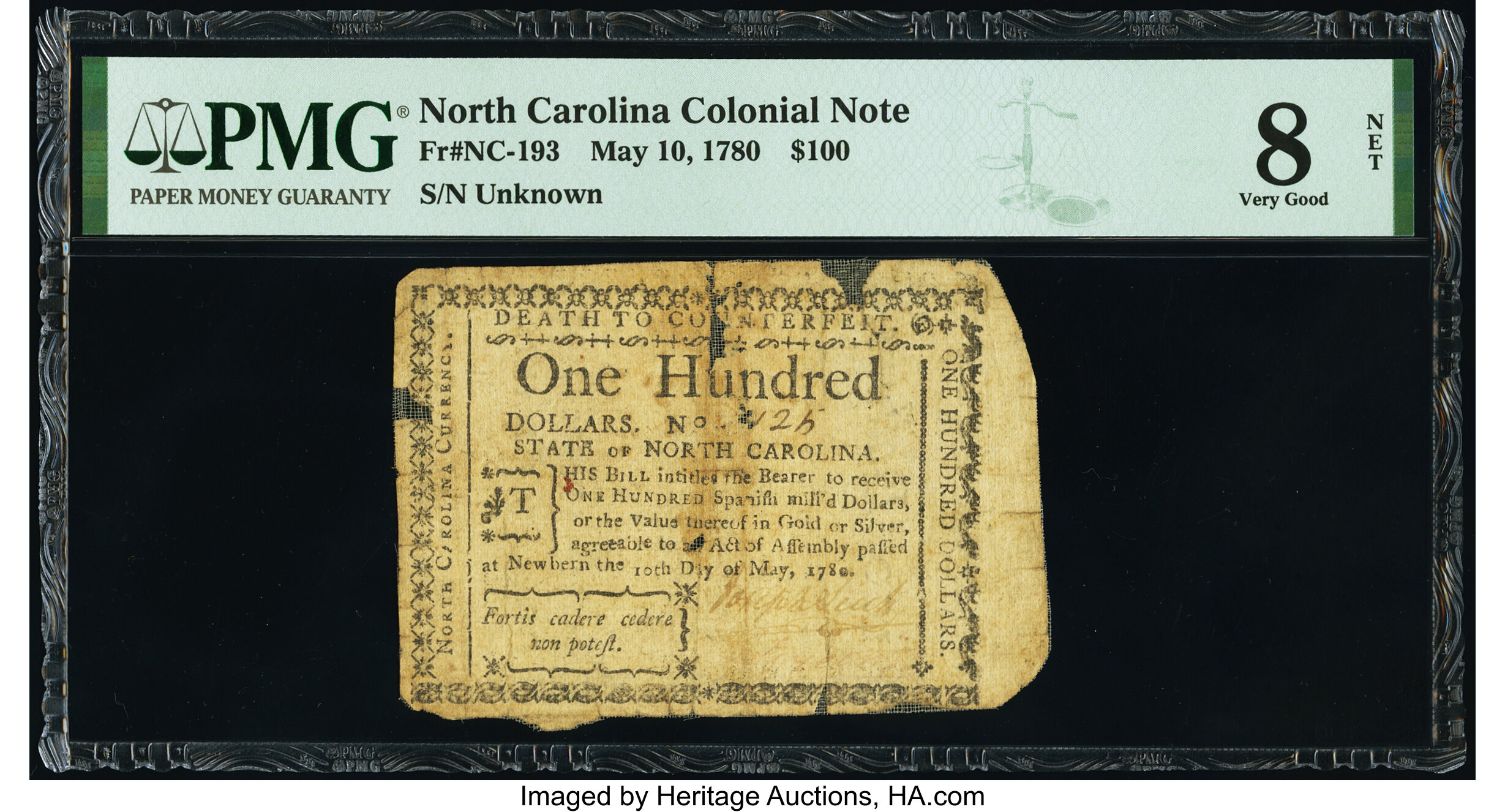image for: North Carolina May 10, 1780 $100 Fortis Cadere Cedere Non Potest PMG Very Good 8 Net....