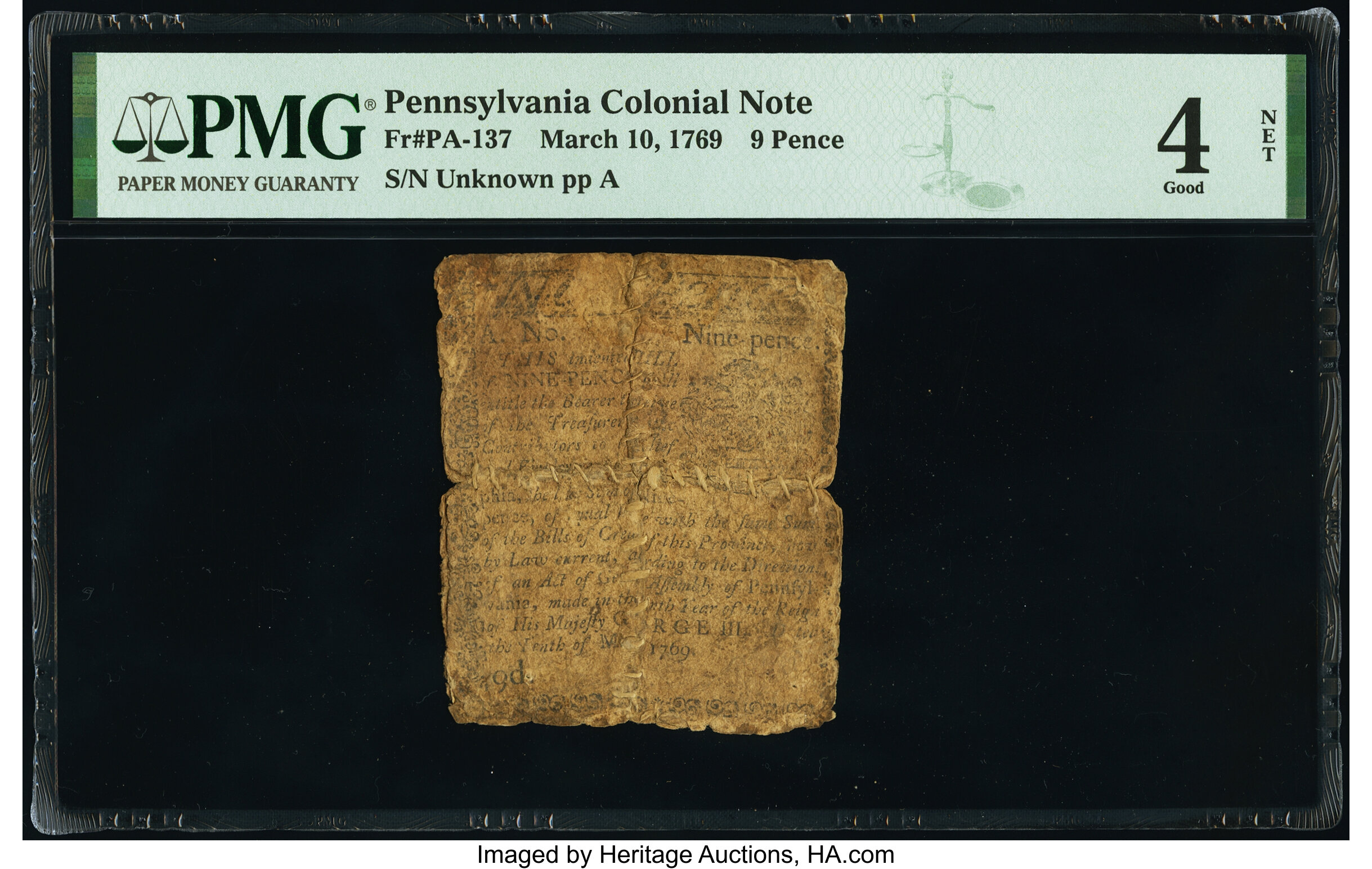 image for: Pennsylvania March 10, 1769 9d PMG Good 4 Net....