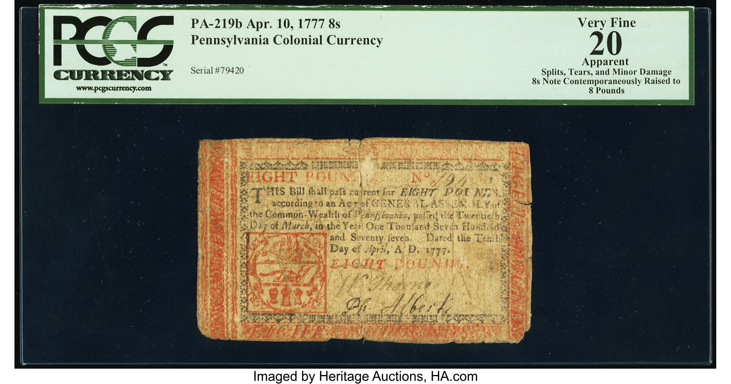 image for: Pennsylvania April 10, 1777 8s PCGS Apparent Very Fine 20....