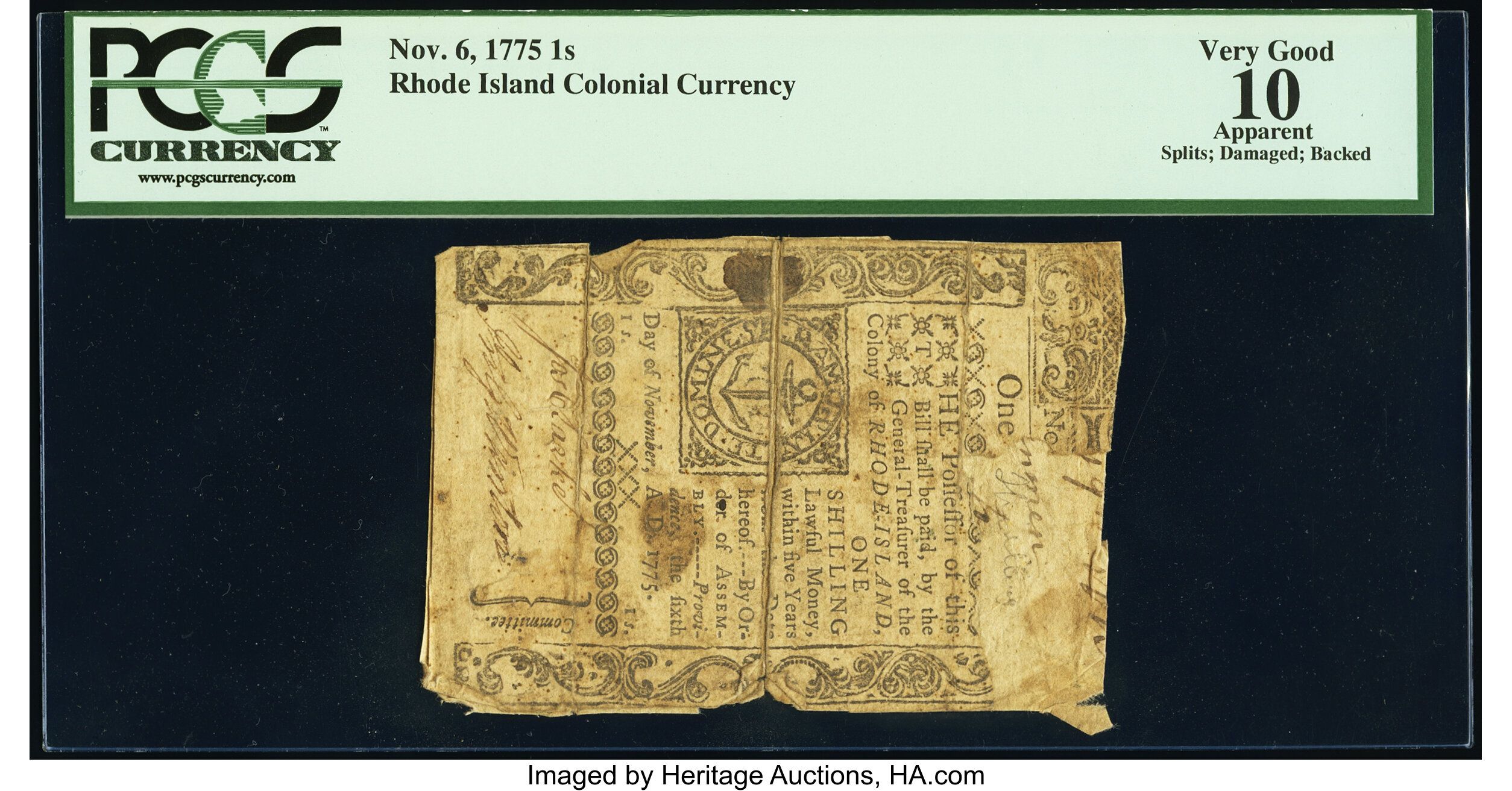 image for: Rhode Island November 6, 1775 1s PCGS Apparent Very Good 10....