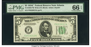 image for: Fr. 1959-F $5 1934C Wide Federal Reserve Note. PMG Gem Uncirculated 66 EPQ....