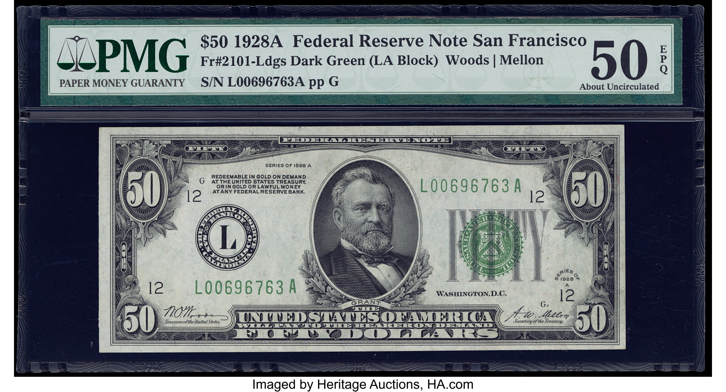 image for: Fr. 2101-L $50 1928A Federal Reserve Note. PMG About Uncirculated 50 EPQ....
