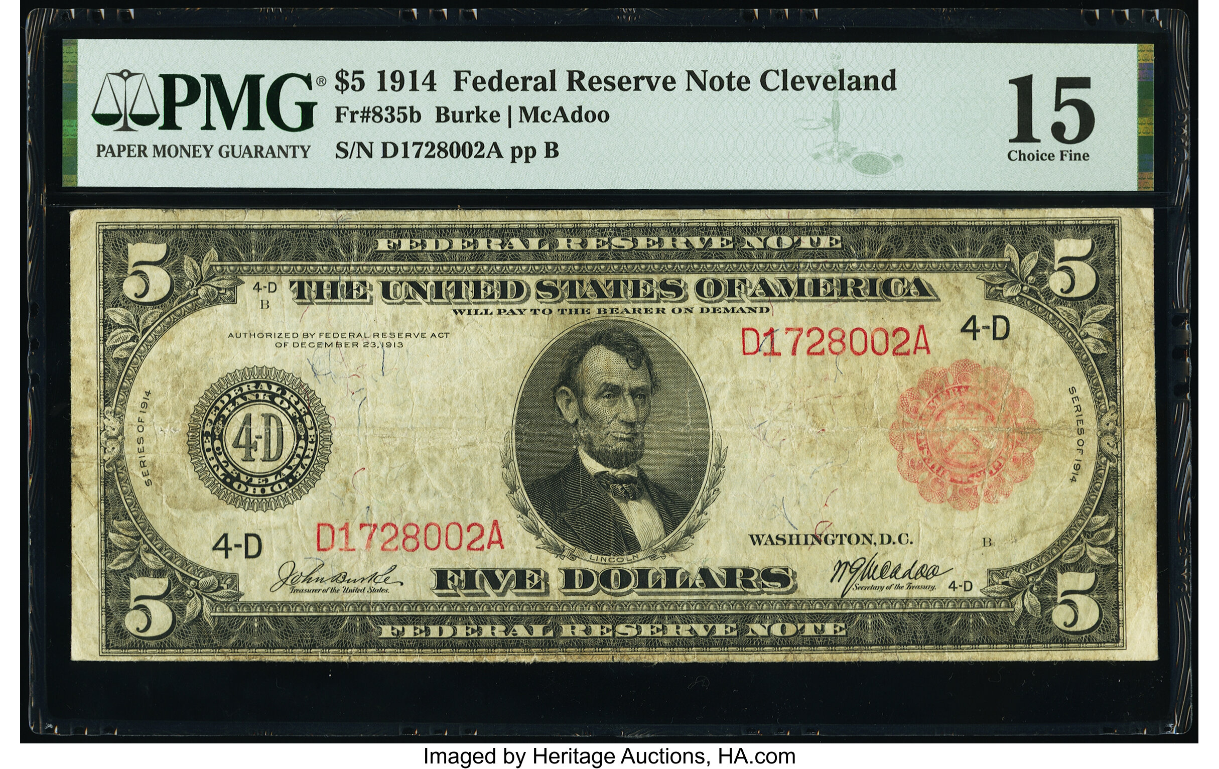 image for: Fr. 835b $5 1914 Red Seal Federal Reserve Note PMG Choice Fine 15....