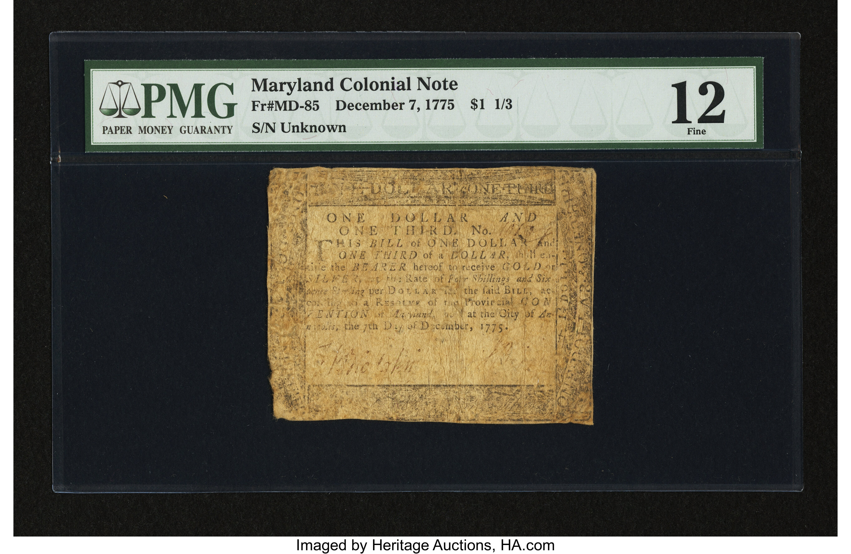 image for: Maryland December 7, 1775 $1  1/3 PMG Fine 12....