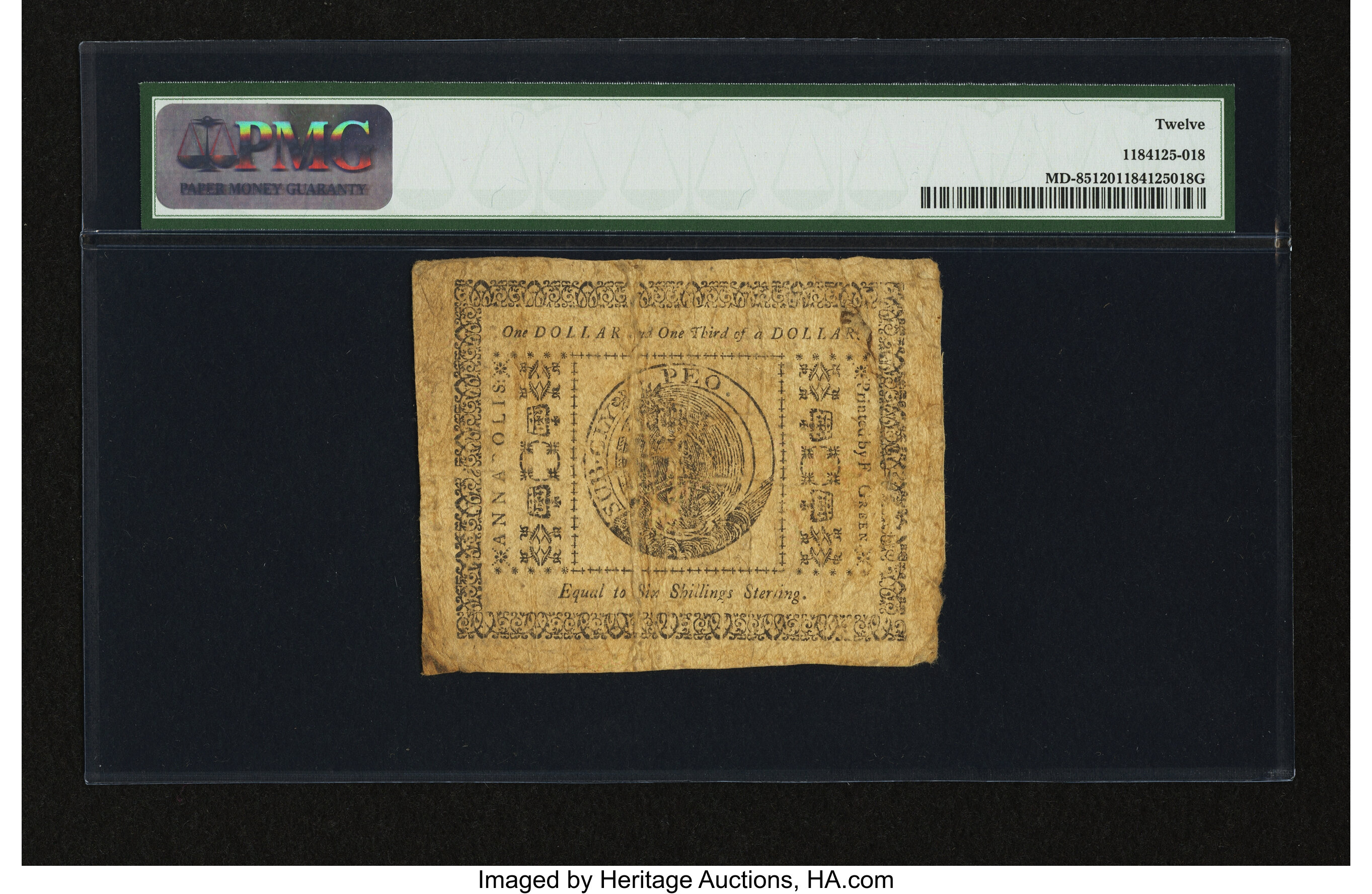 image for: Maryland December 7, 1775 $1  1/3 PMG Fine 12....
