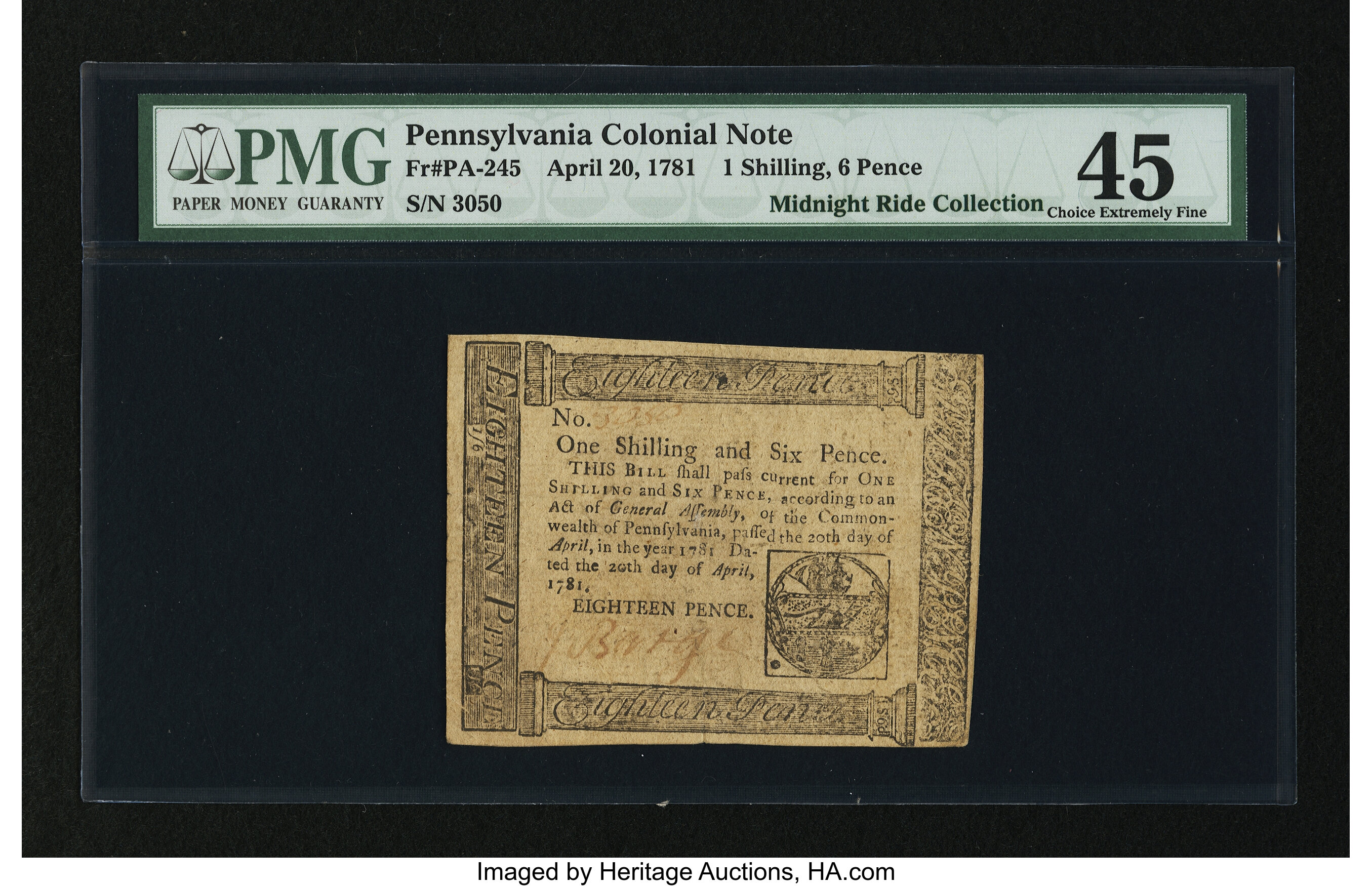 image for: Pennsylvania April 20, 1781 1s 6d PMG Choice Extremely Fine 45....