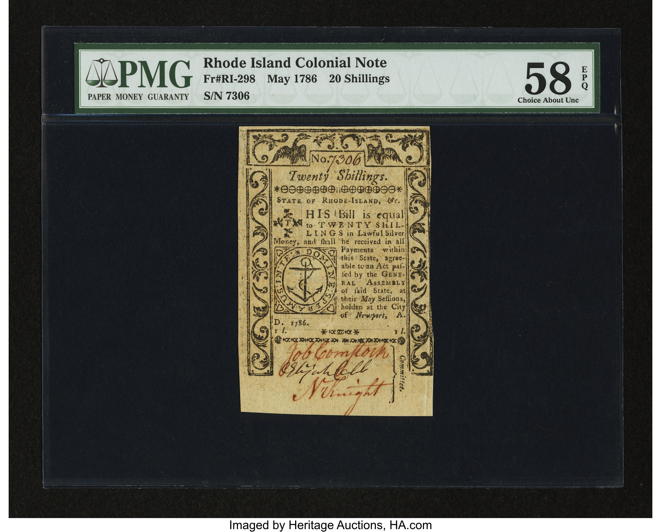 image for: Rhode Island May 1786 20s PMG Choice About Unc 58 EPQ....