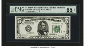 image for: Fr. 1951-L $5 1928A Federal Reserve Note. PMG Gem Uncirculated 65 EPQ....