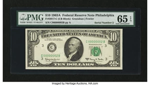 image for: Serial Number Two Fr. 2017-C $10 1963A Federal Reserve Note. PMG Gem Uncirculated 65 EPQ....