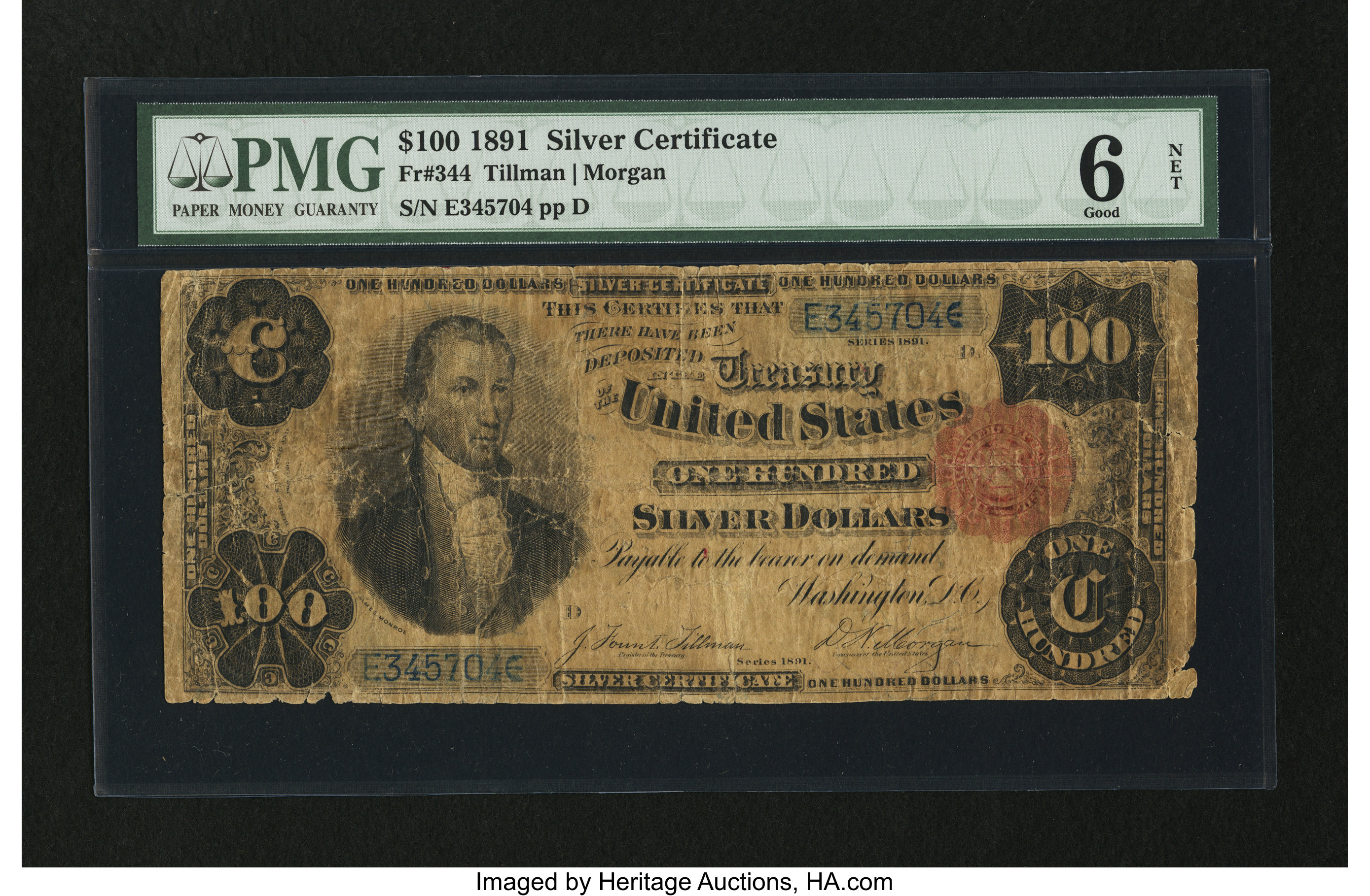image for: Fr. 344 $100 1891 Silver Certificate PMG Good 6 Net....