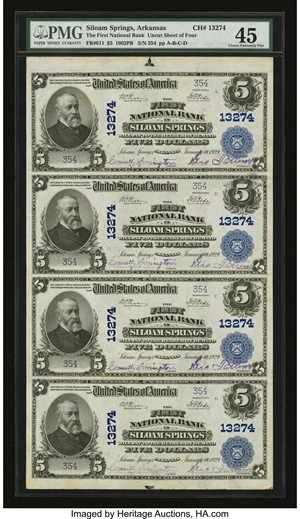 image for: Siloam Springs, AR - $5 1902 Plain Back Fr. 611 The First NB Ch. # 13274 Uncut Sheet...