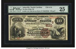 image for: Asheville, NC - $10 1882 Brown Back Fr. 489 The Blue Ridge NB Ch. # (S)5110...