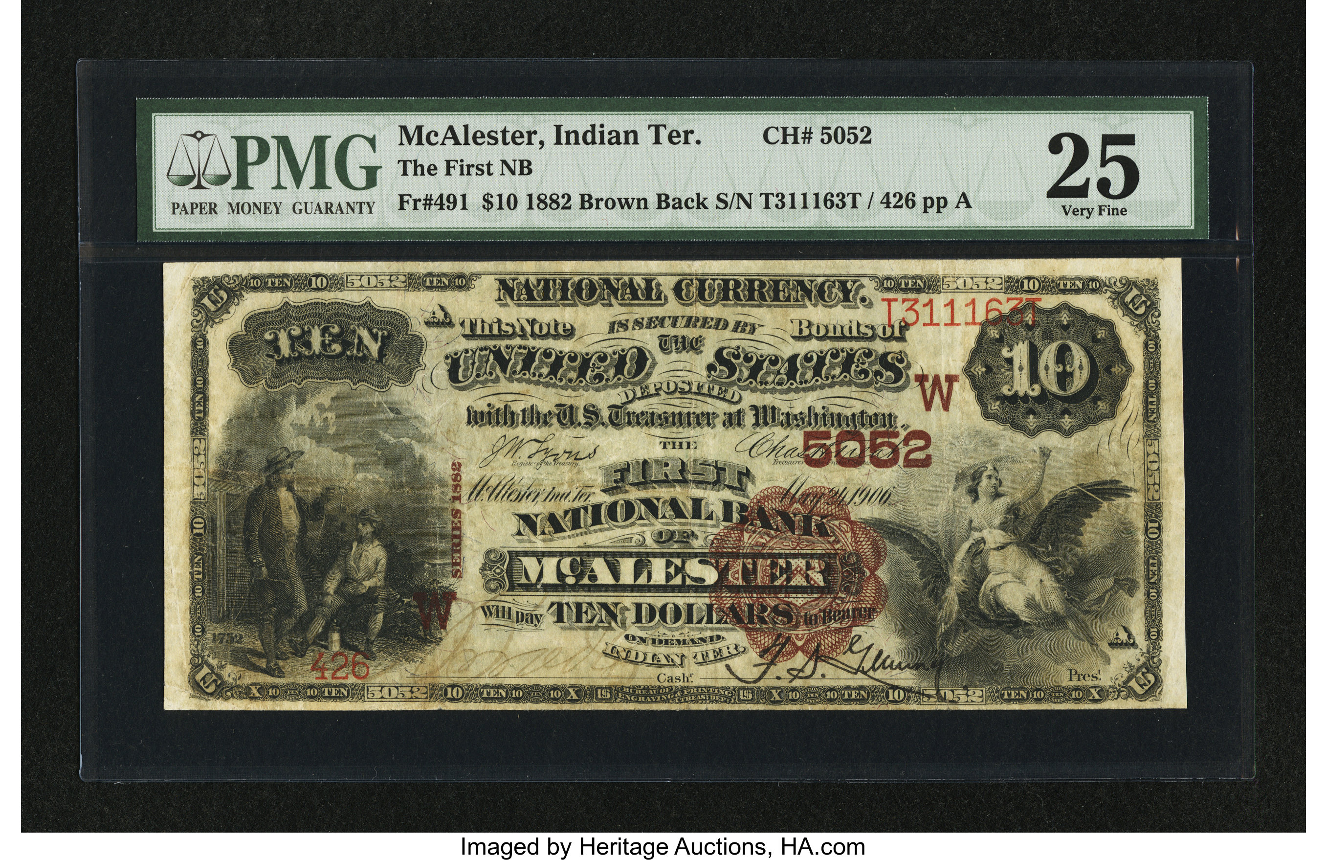 image for: McAlester, IT - $10 1882 Brown Back Fr. 491 The First NB Ch. # (W)5052...