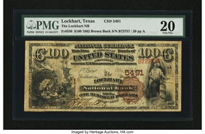 image for: Lockhart, TX - $100 1882 Brown Back Fr. 530 The Lockhart NB Ch. # 5491...