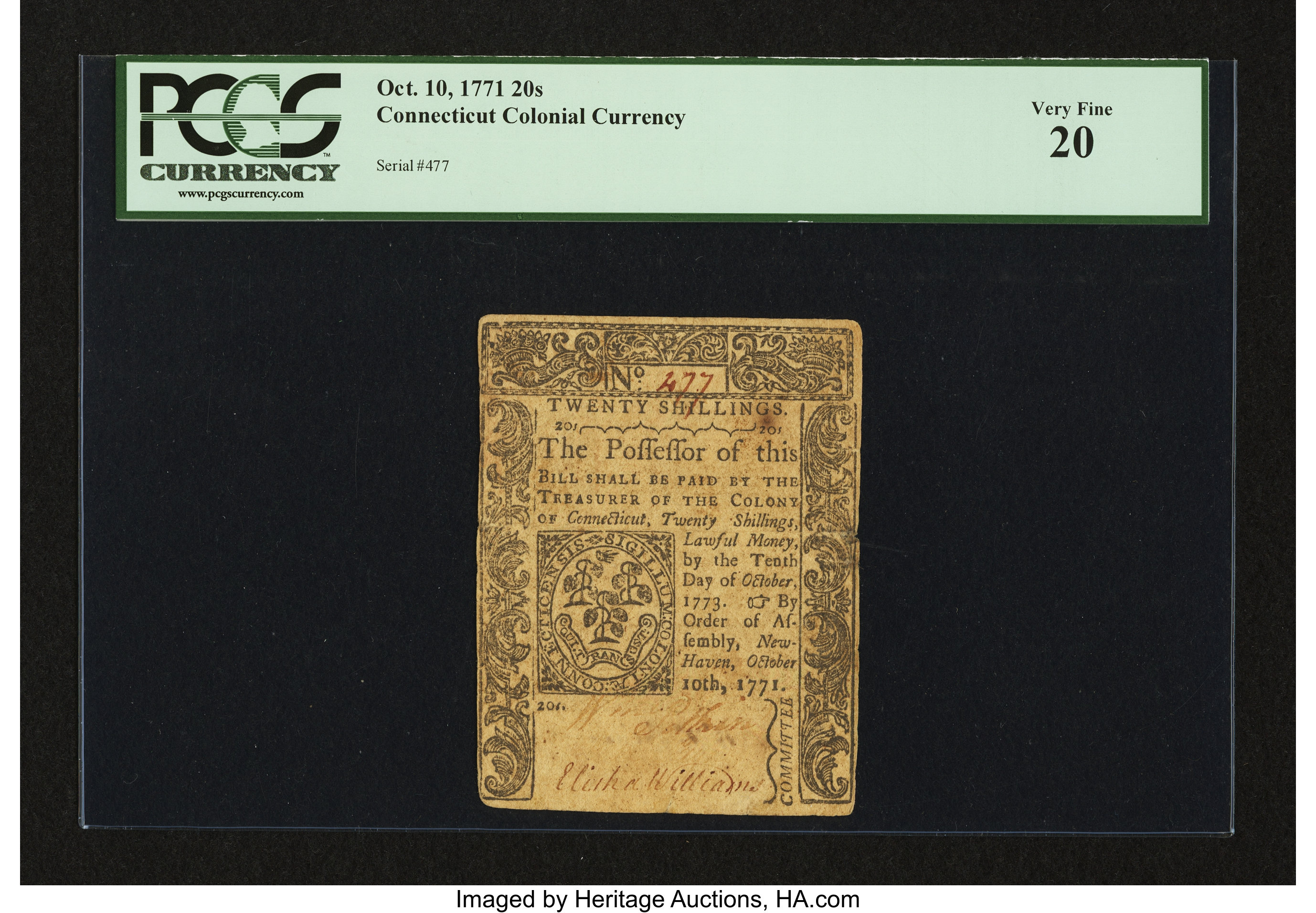 image for: Connecticut October 10, 1771 20s PCGS Very Fine 20....