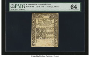 image for: Connecticut July 1, 1775 2s6d PMG Choice Uncirculated 64....