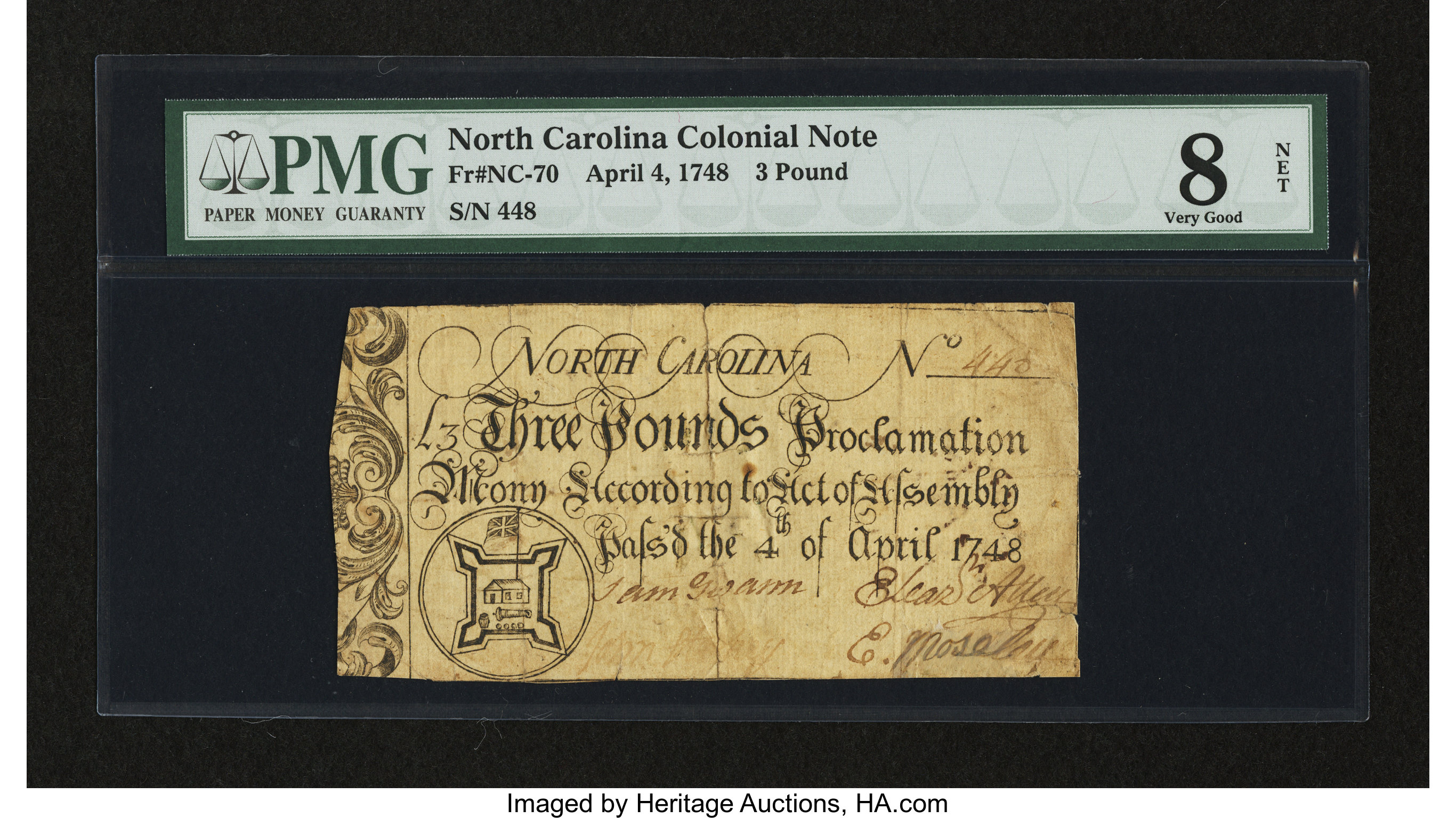 image for: North Carolina April 4, 1748 £3 PMG Very Good 8 Net....