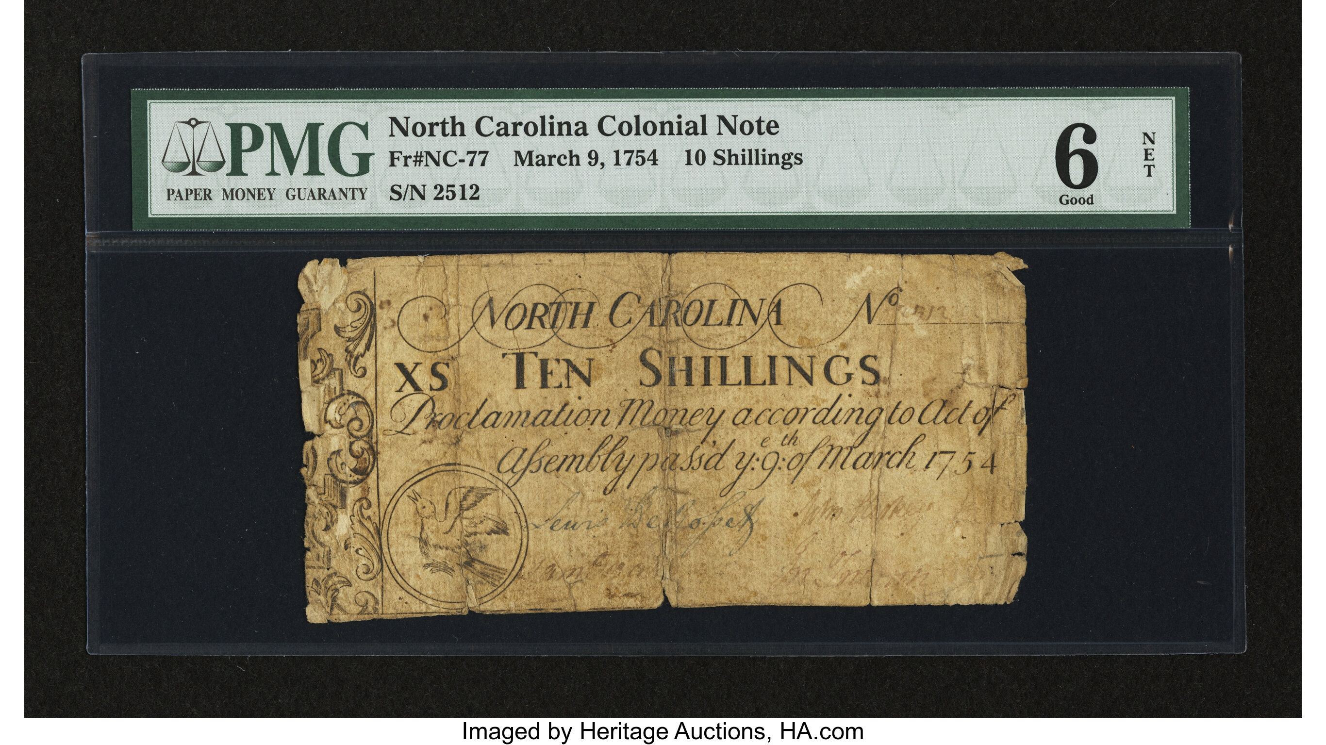 image for: North Carolina March 9, 1754 10s PCGS Good 6 Net....