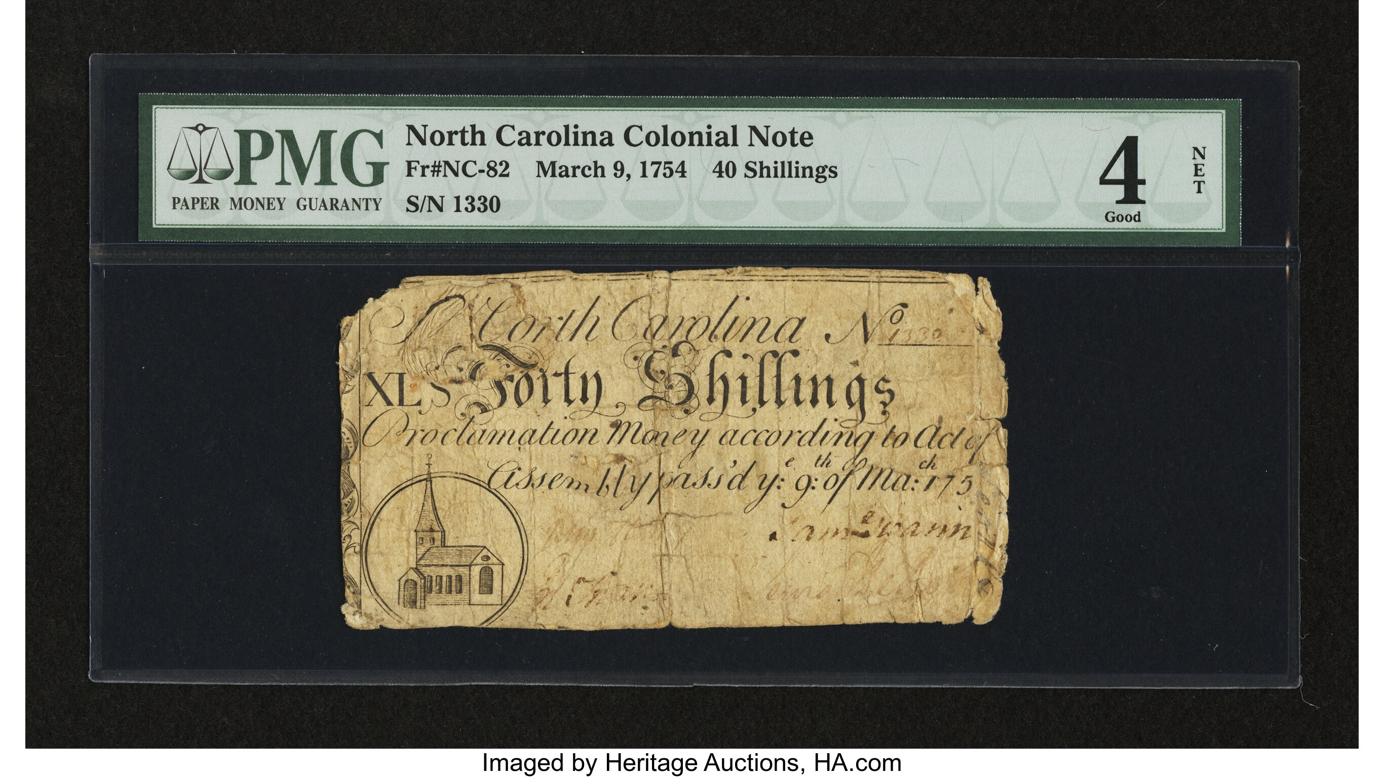 image for: North Carolina March 9, 1754 40s PMG Good 4 Net....