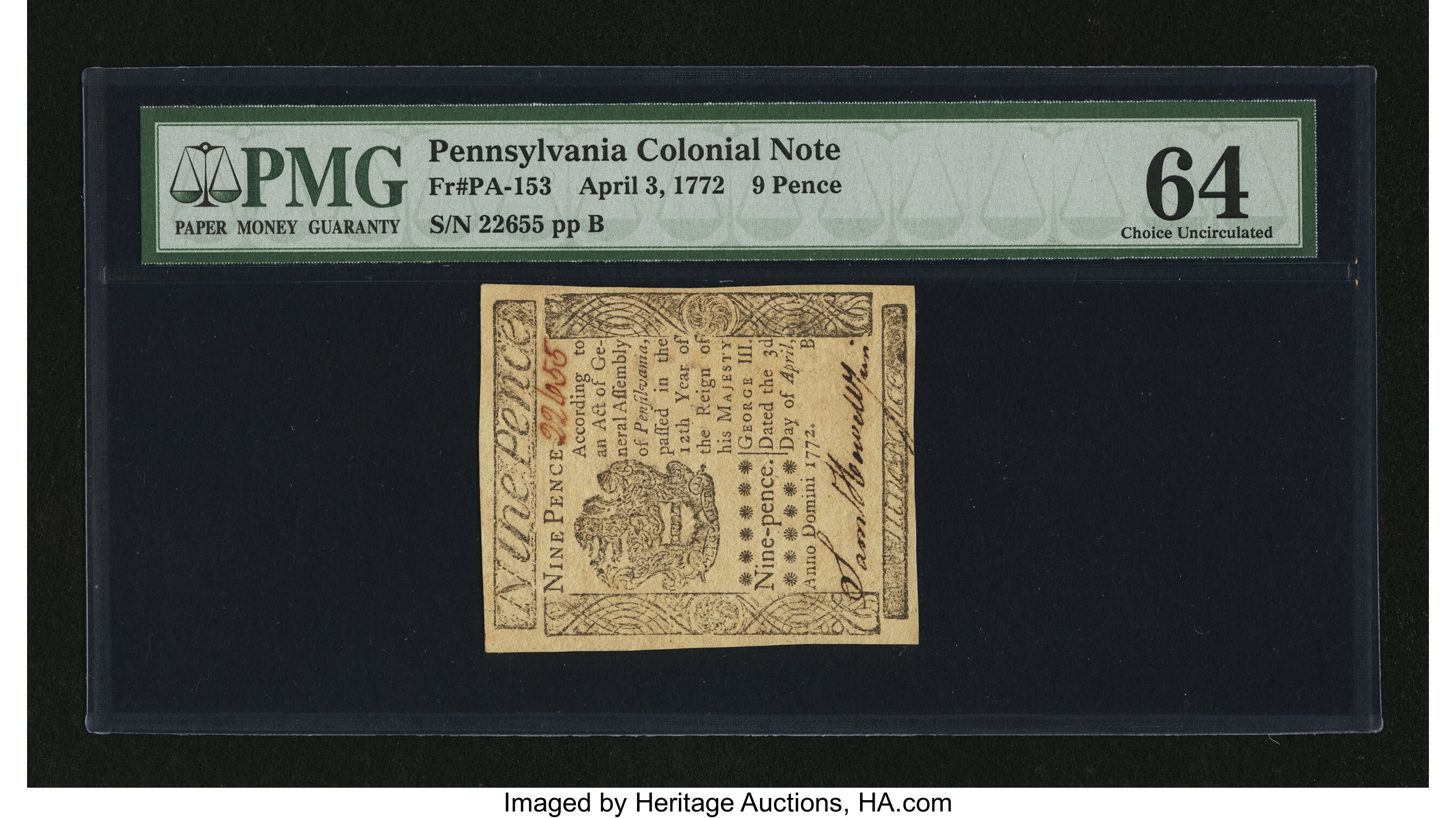 image for: Pennsylvania April 3, 1772 9d PMG Choice Uncirculated 64....