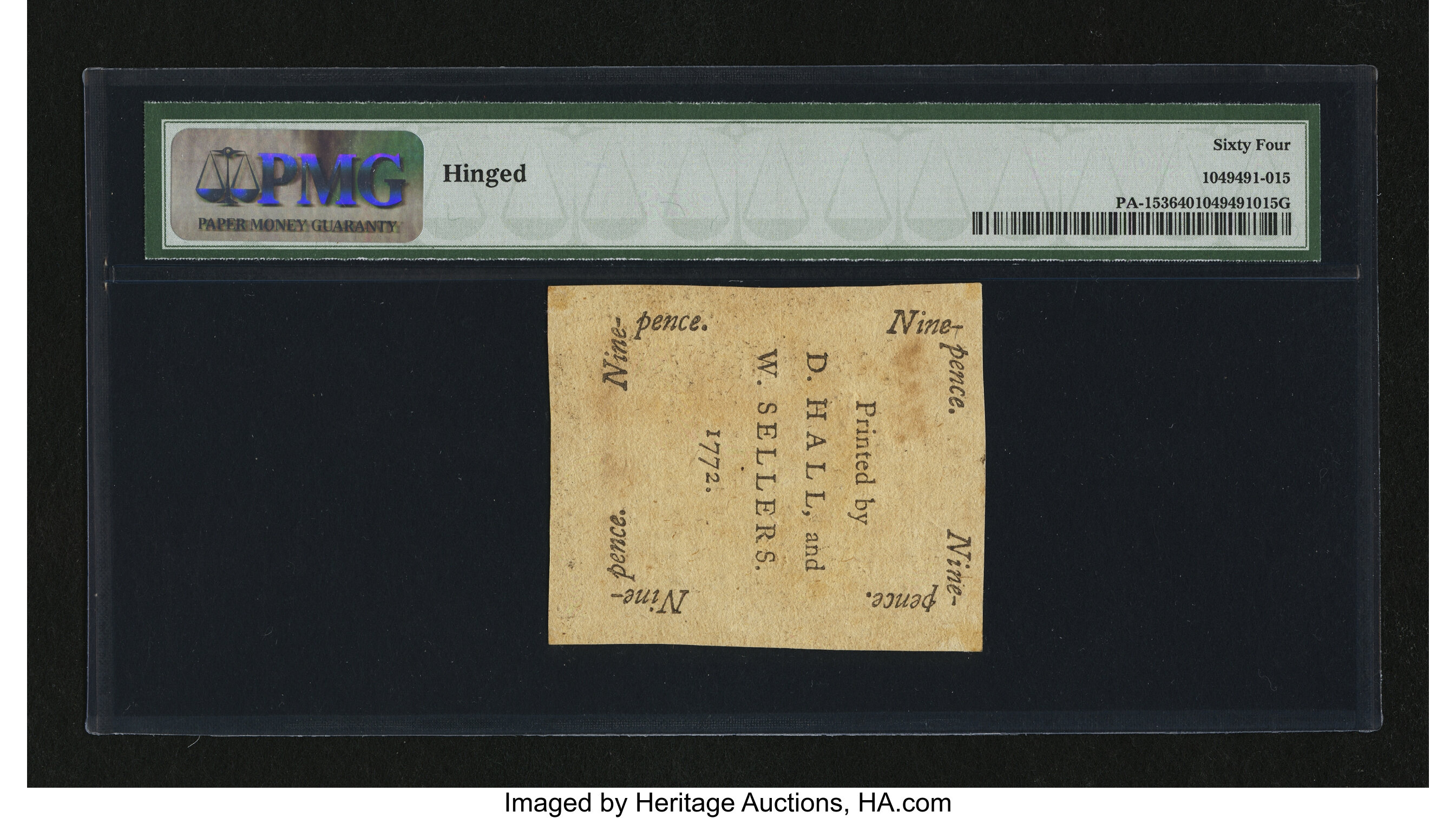 image for: Pennsylvania April 3, 1772 9d PMG Choice Uncirculated 64....