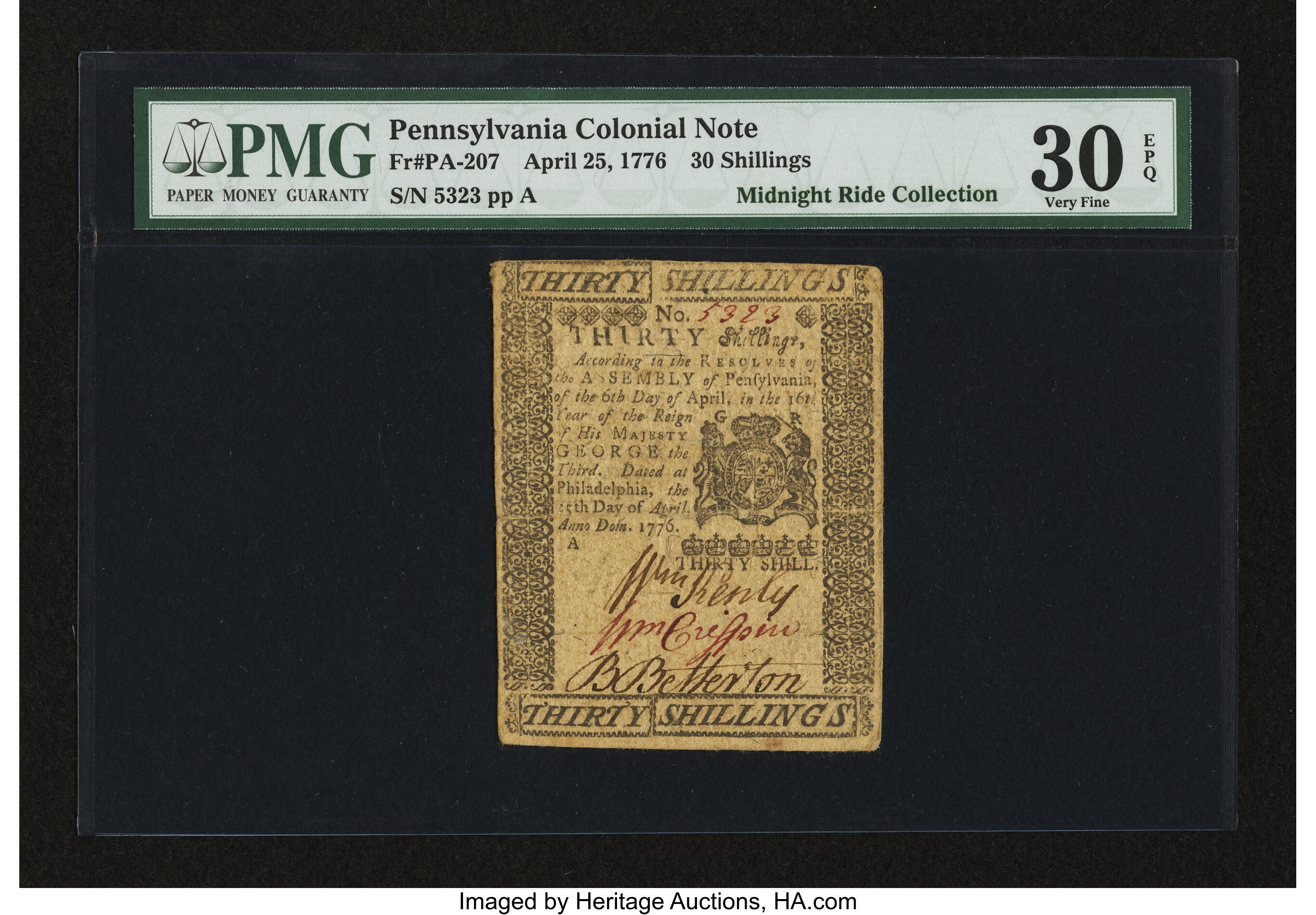 image for: Pennsylvania April 25, 1776 30s PMG Very Fine 30 EPQ....