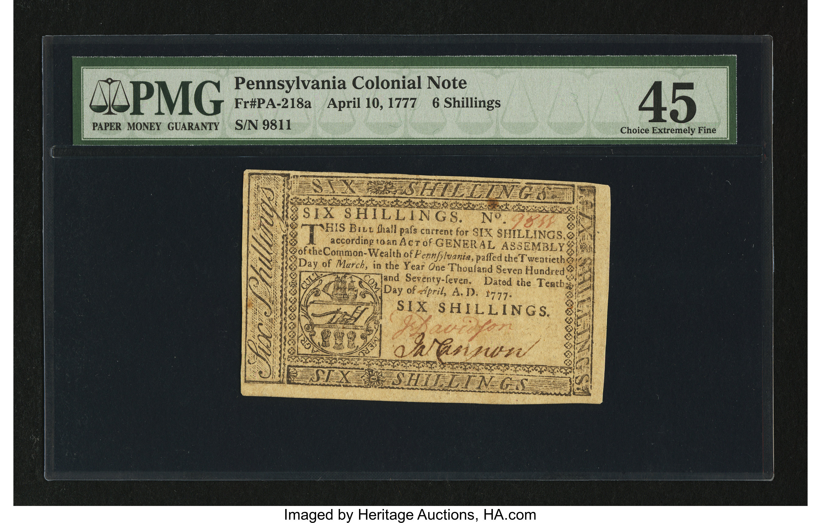 image for: Pennsylvania April 10, 1777 6s PMG Choice Extremely Fine 45....
