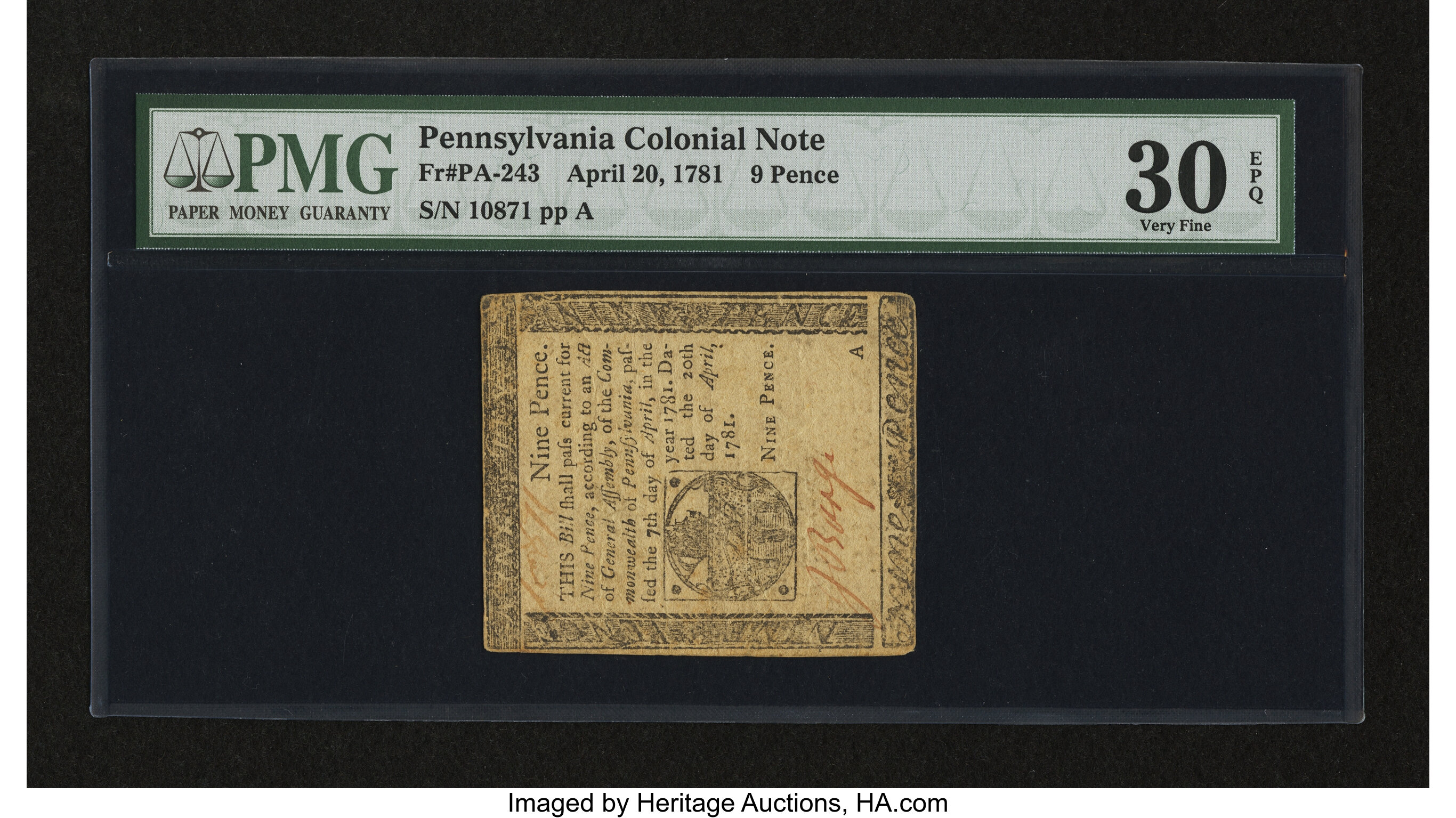 image for: Pennsylvania April 20, 1781 9d PMG Very Fine 30 EPQ....