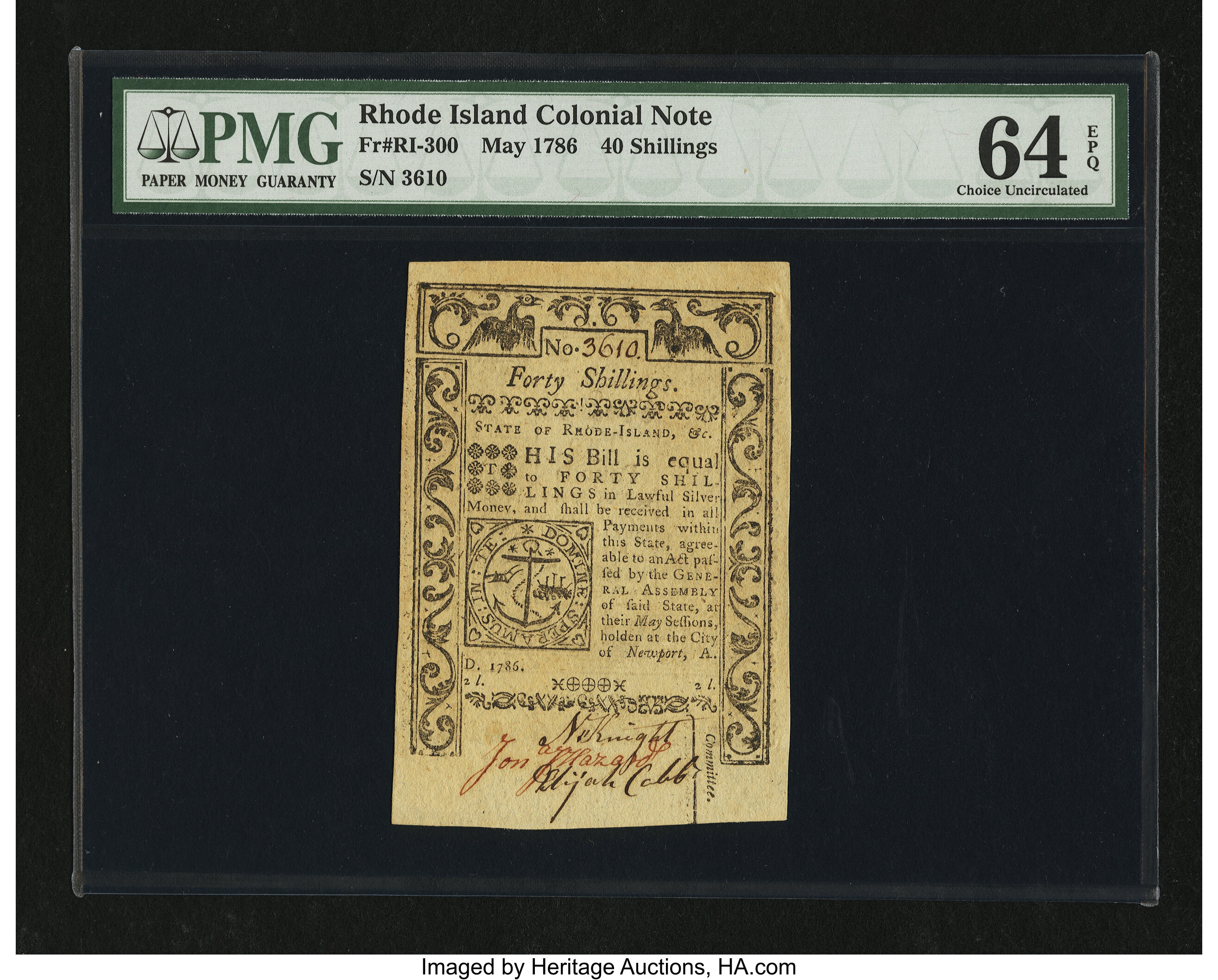image for: Rhode Island May 1786 40s PMG Choice Uncirculated 64 EPQ....