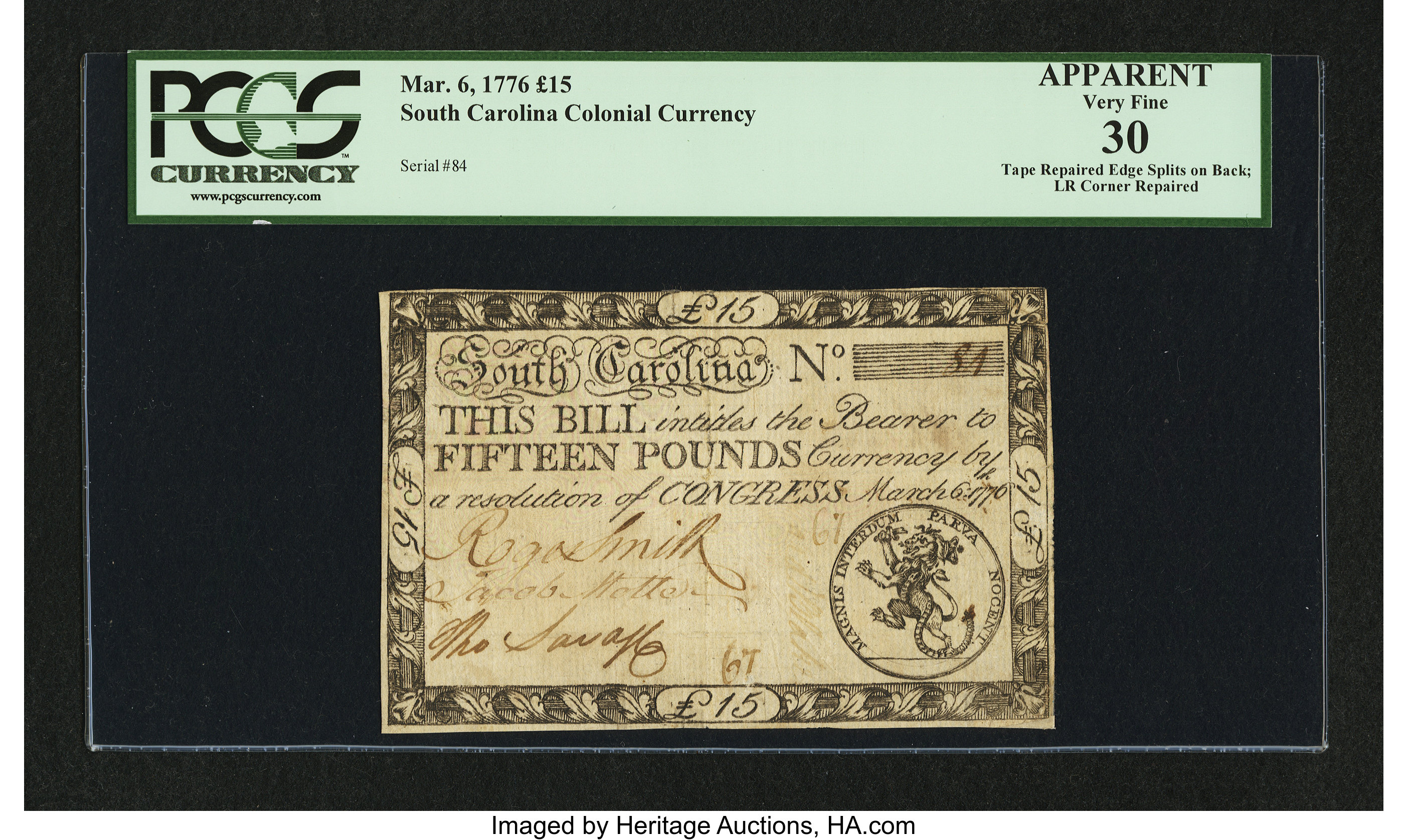 image for: South Carolina March 6, 1776 £15 PCGS Apparent Very Fine 30....