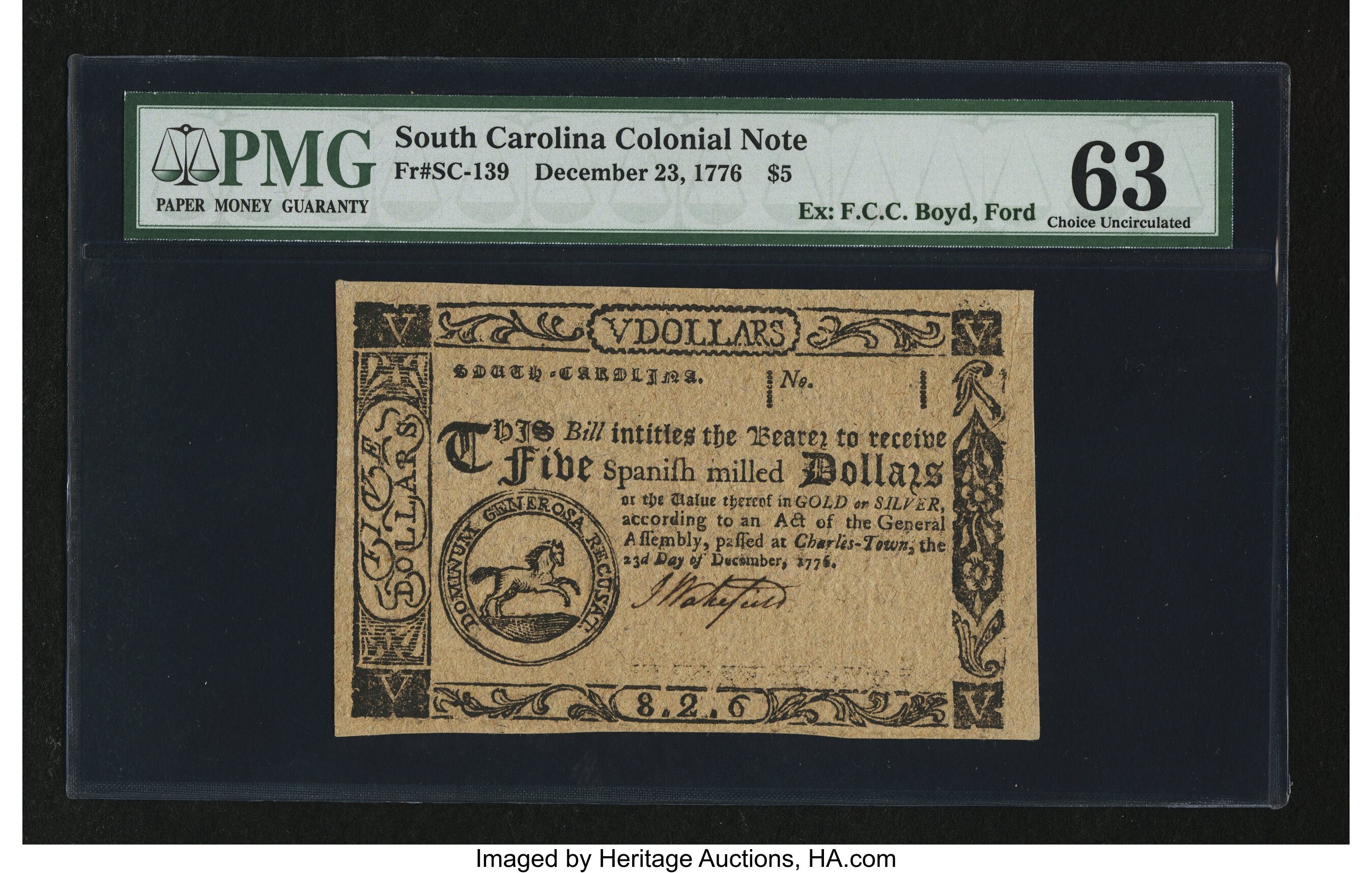 image for: South Carolina December 23, 1776 $5 PMG Choice Uncirculated 63....